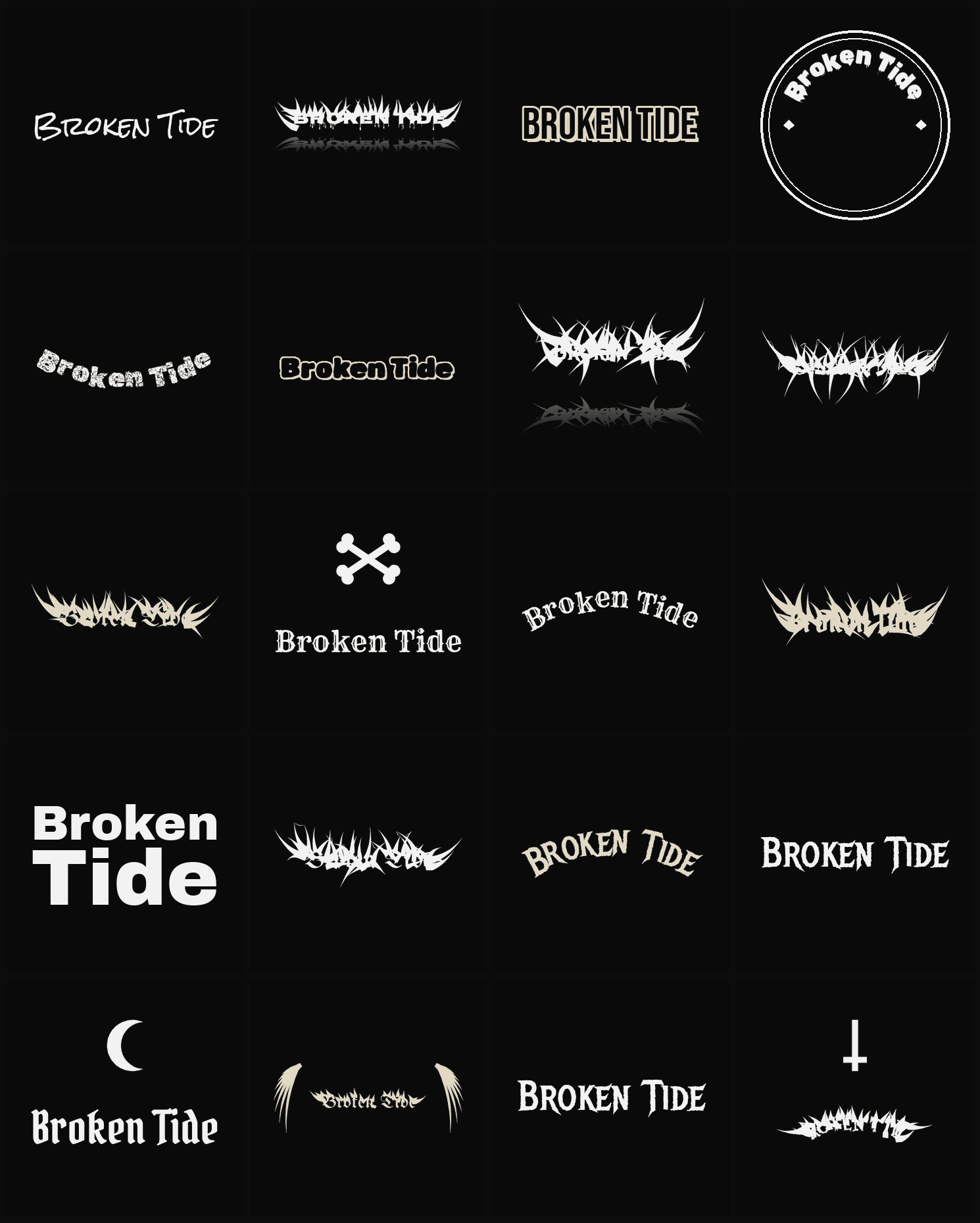 Twenty Broken Tide band logo ideas — different faces, treatments and spike settings