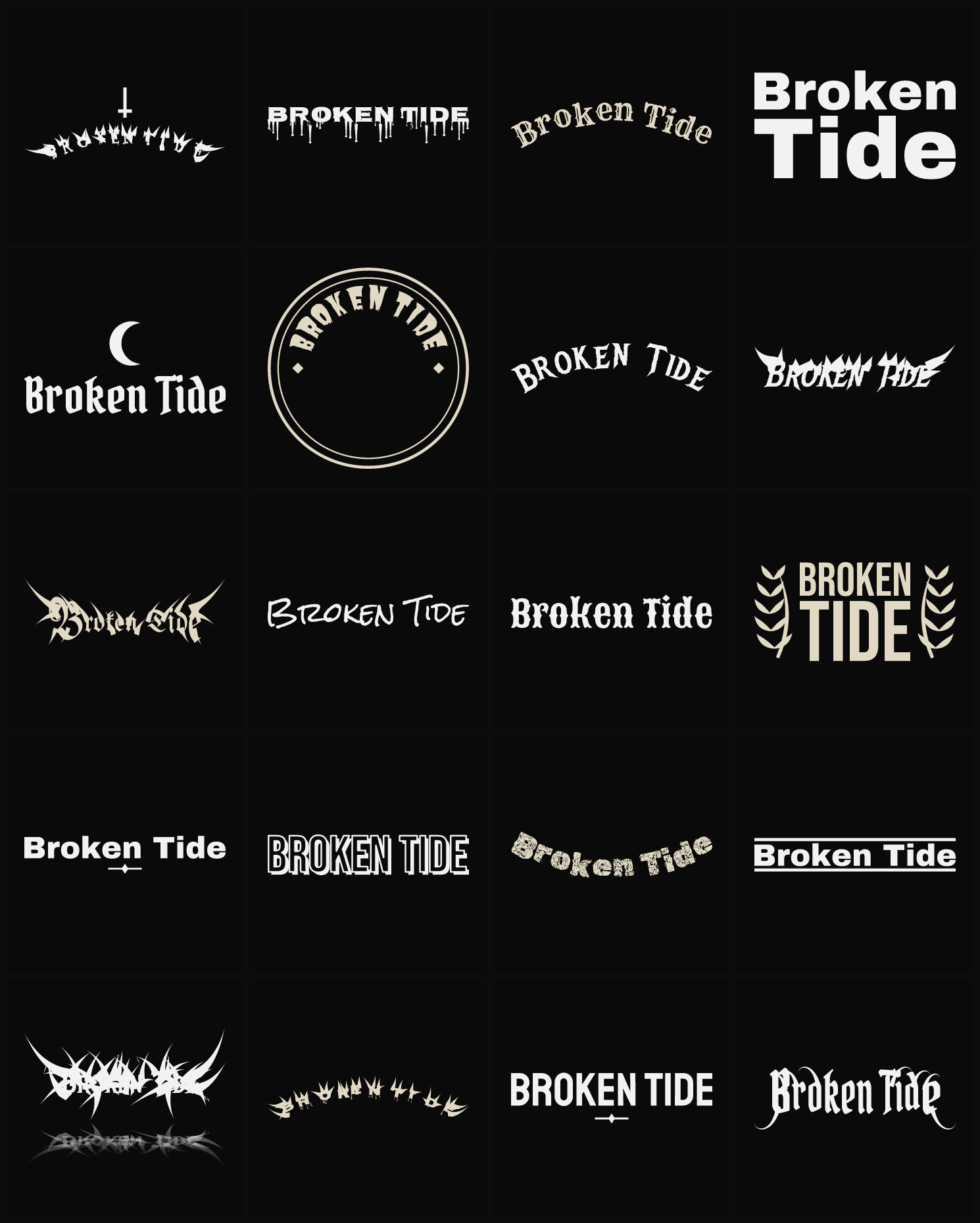 Twenty Broken Tide band logo ideas — different faces, treatments and spike settings