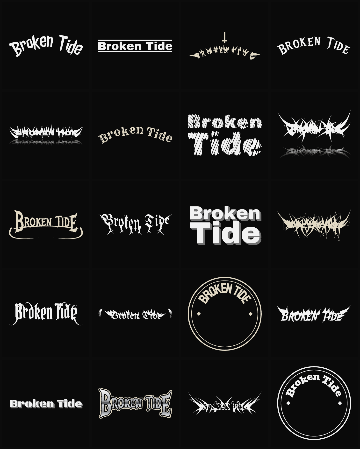 Twenty Broken Tide band logo ideas — different faces, treatments and spike settings