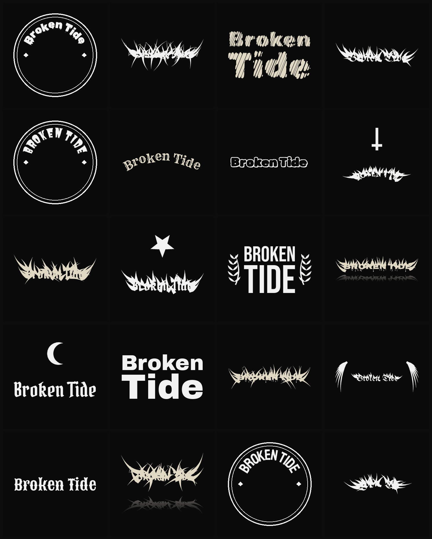 Twenty Broken Tide band logo ideas — different faces, treatments and spike settings