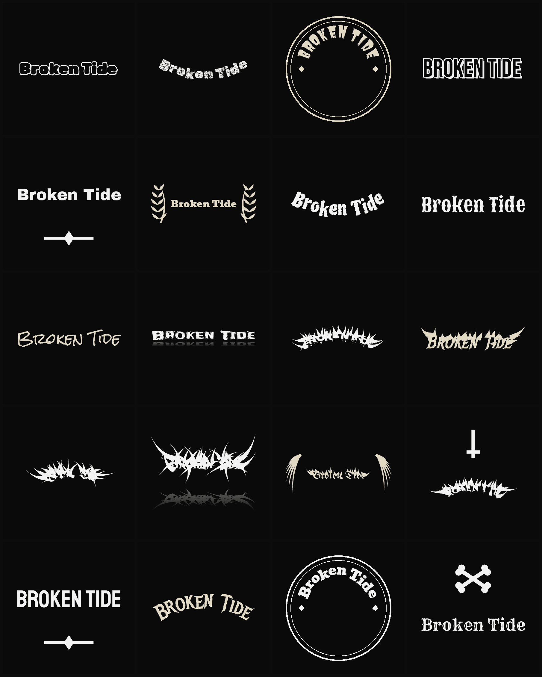 Twenty Broken Tide band logo ideas — different faces, treatments and spike settings