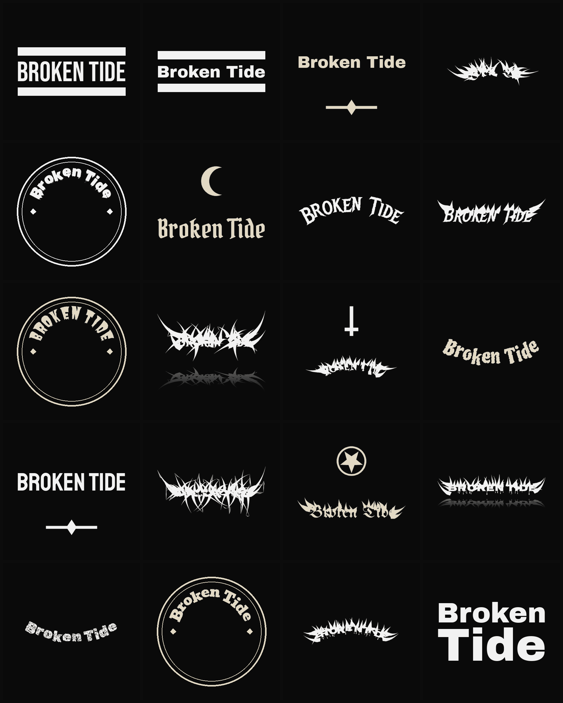 Twenty Broken Tide band logo ideas — different faces, treatments and spike settings