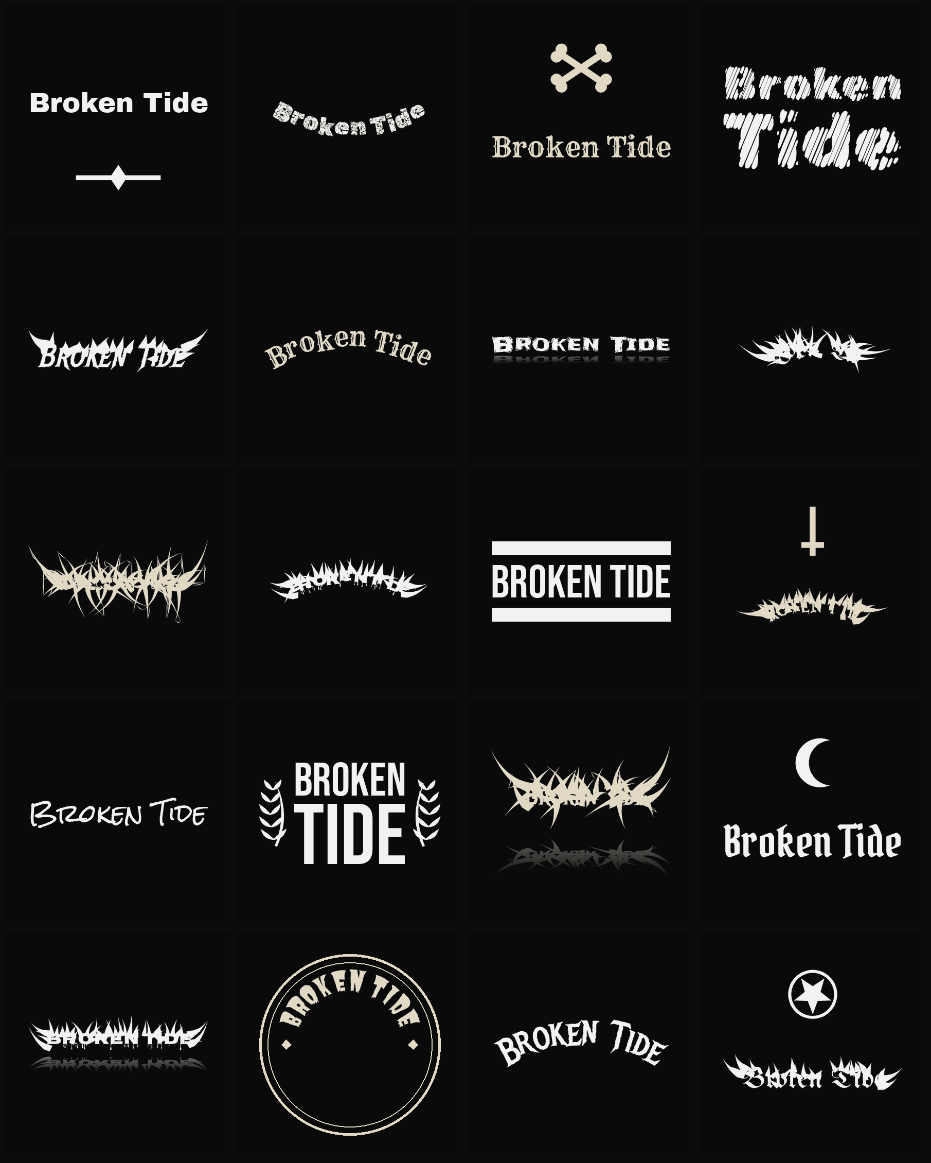 Twenty Broken Tide band logo ideas — different faces, treatments and spike settings
