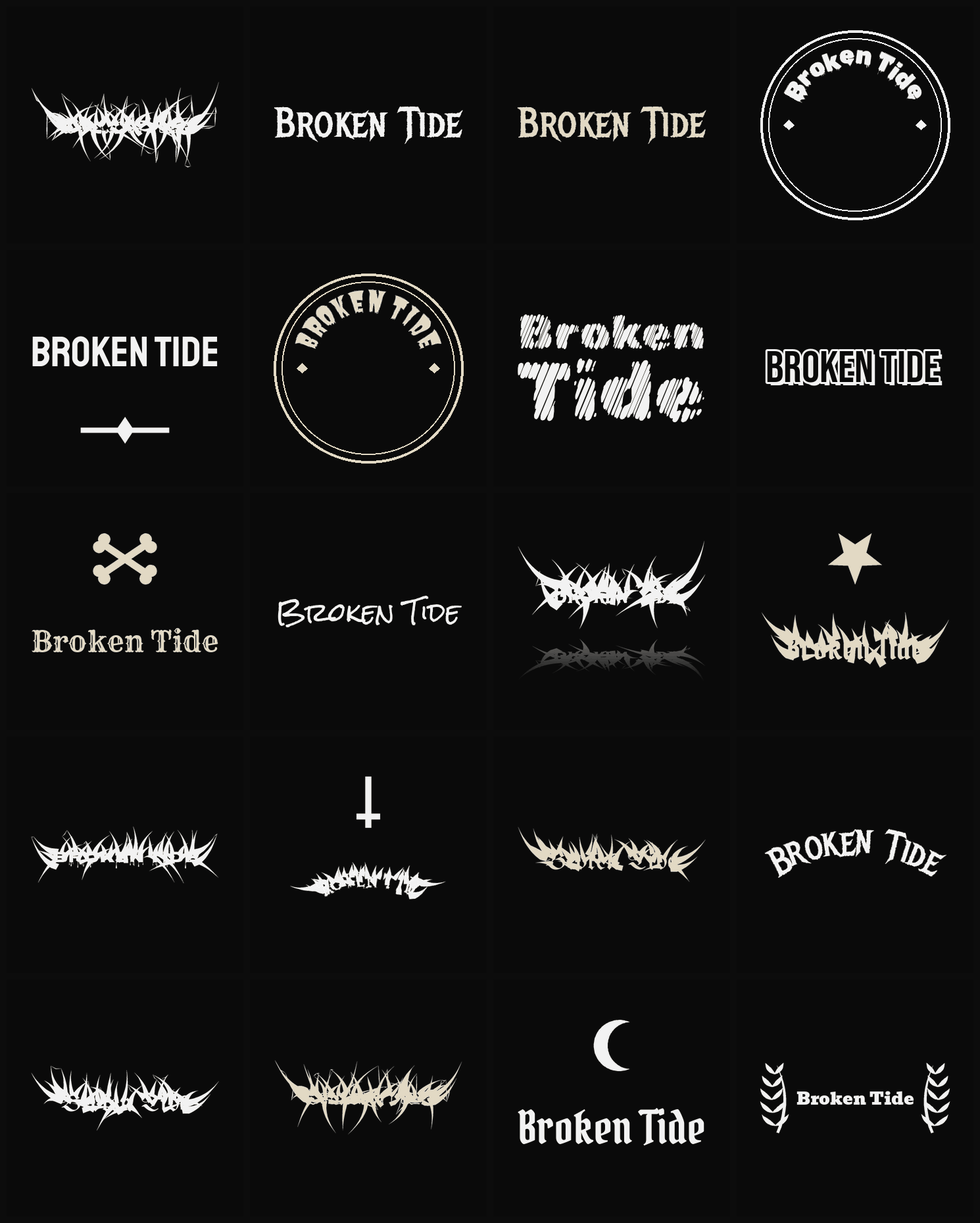 Twenty Broken Tide band logo ideas — different faces, treatments and spike settings