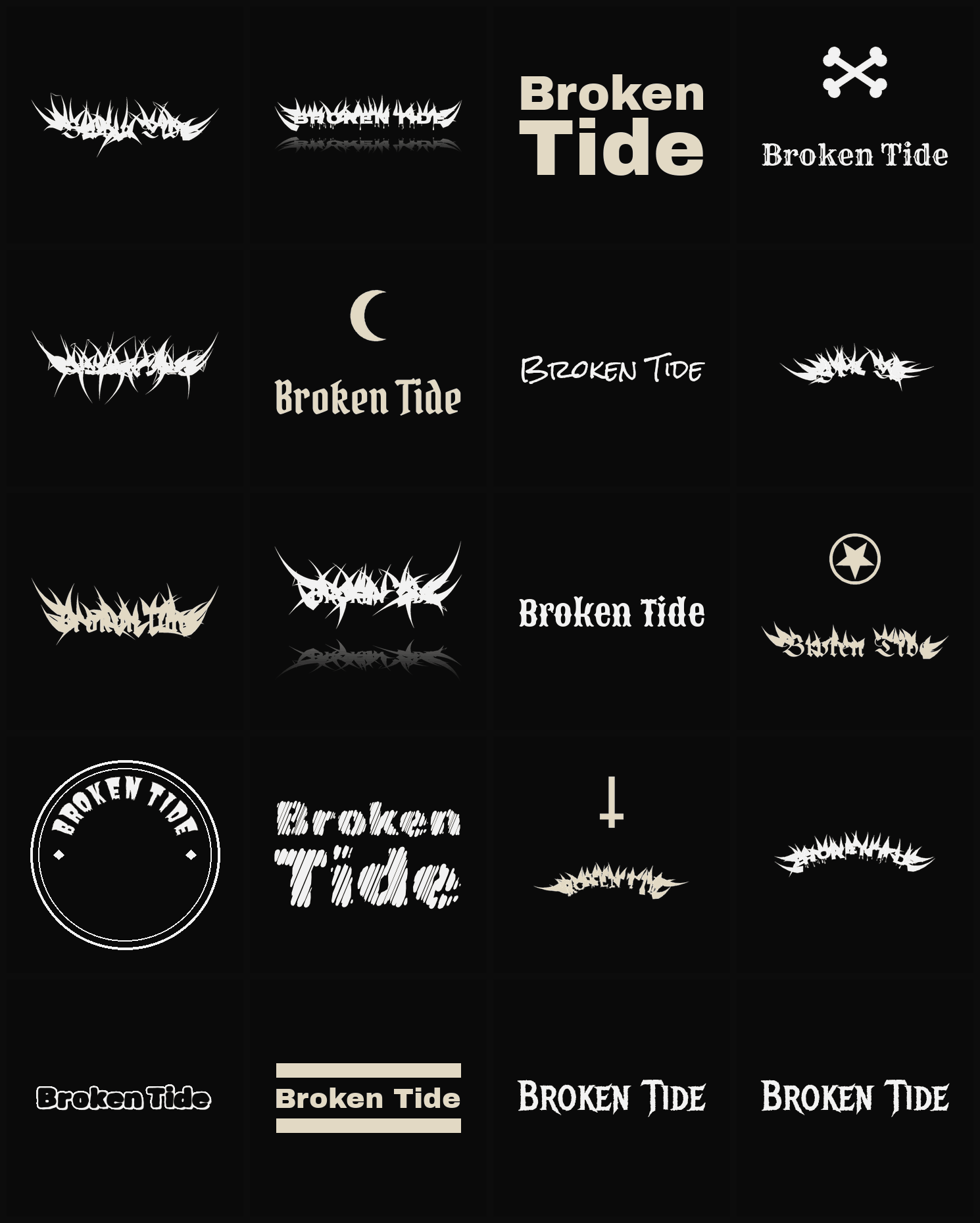 Twenty Broken Tide band logo ideas — different faces, treatments and spike settings