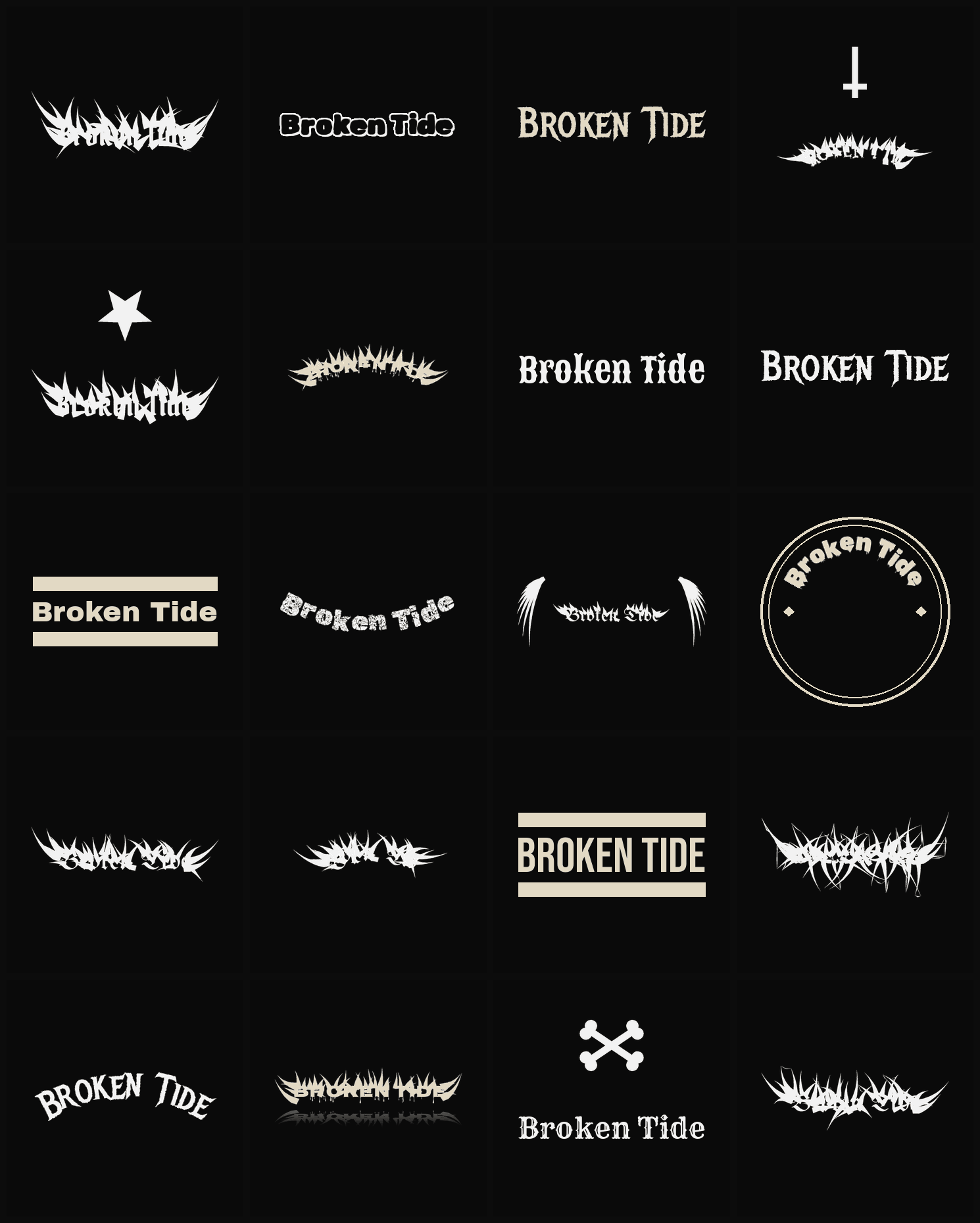 Twenty Broken Tide band logo ideas — different faces, treatments and spike settings