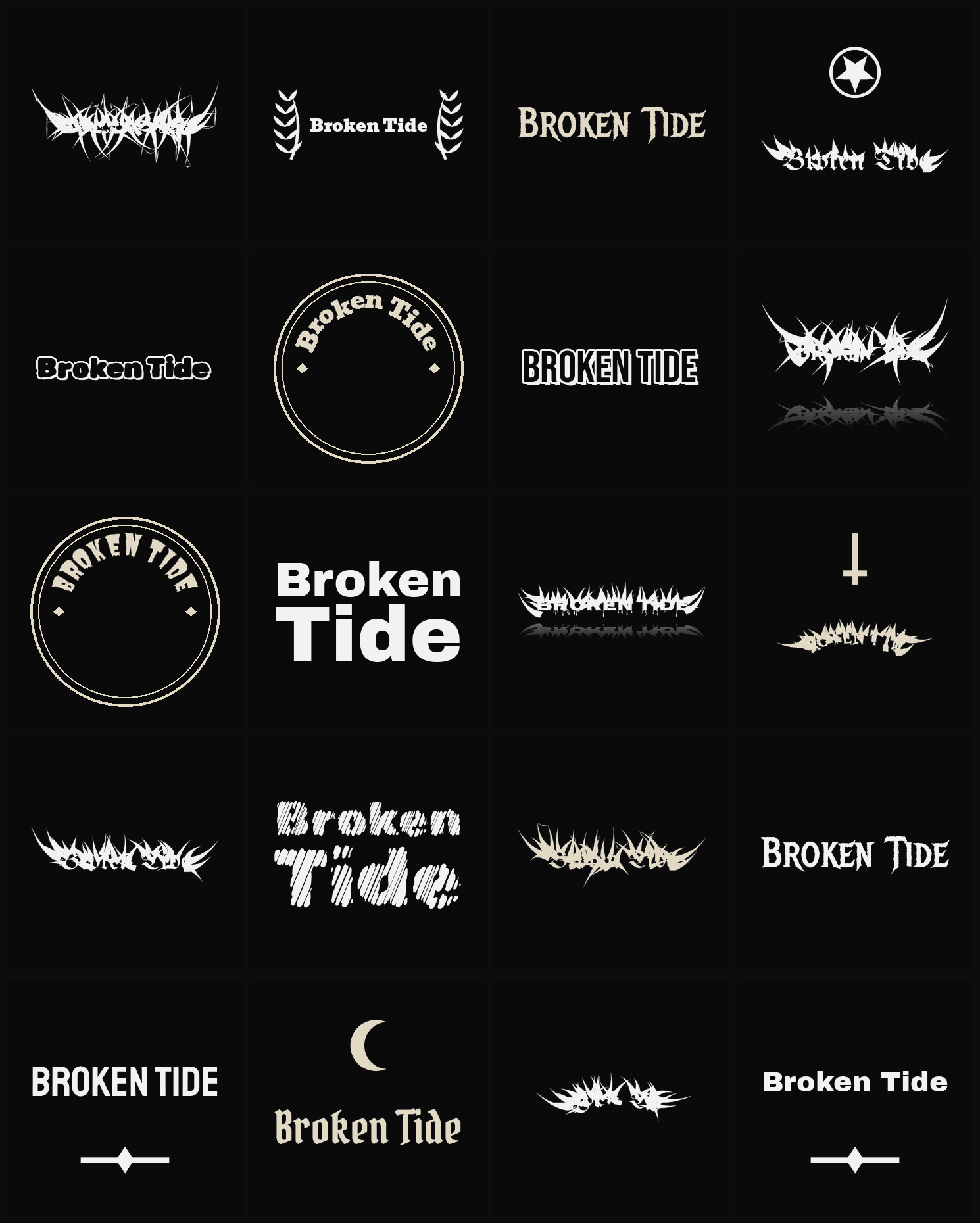 Twenty Broken Tide band logo ideas — different faces, treatments and spike settings