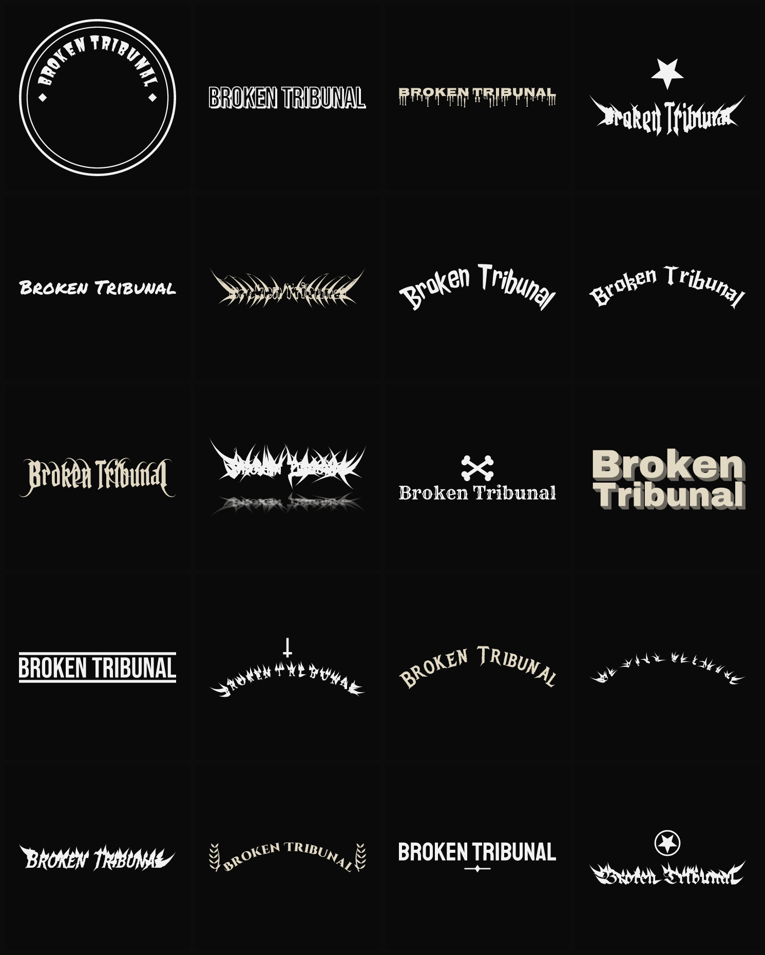 Twenty Broken Tribunal band logo ideas — different faces, treatments and spike settings