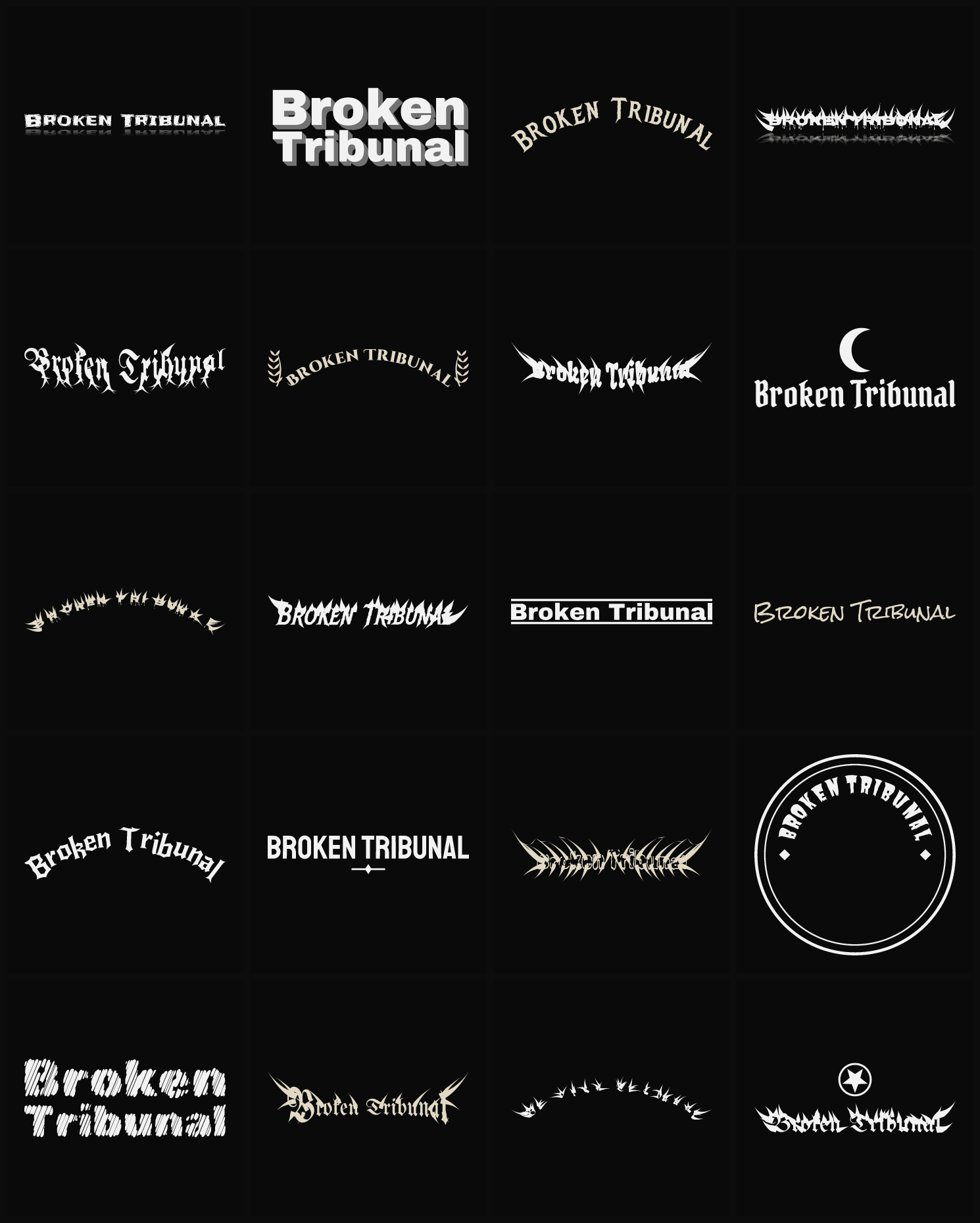 Twenty Broken Tribunal band logo ideas — different faces, treatments and spike settings