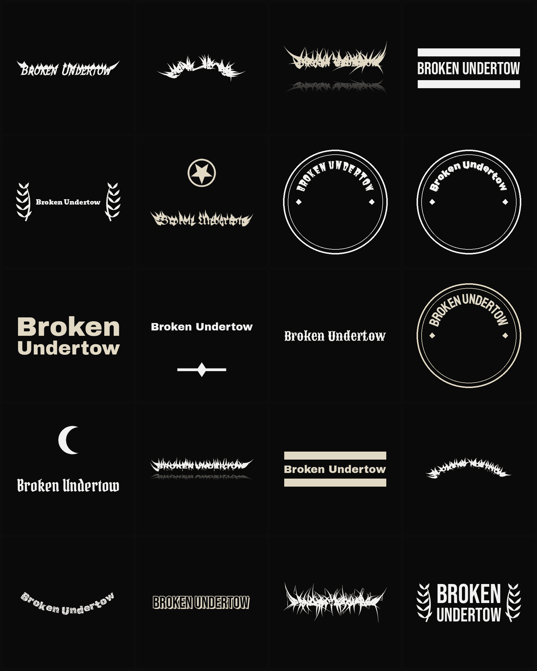 Twenty Broken Undertow band logo ideas — different faces, treatments and spike settings