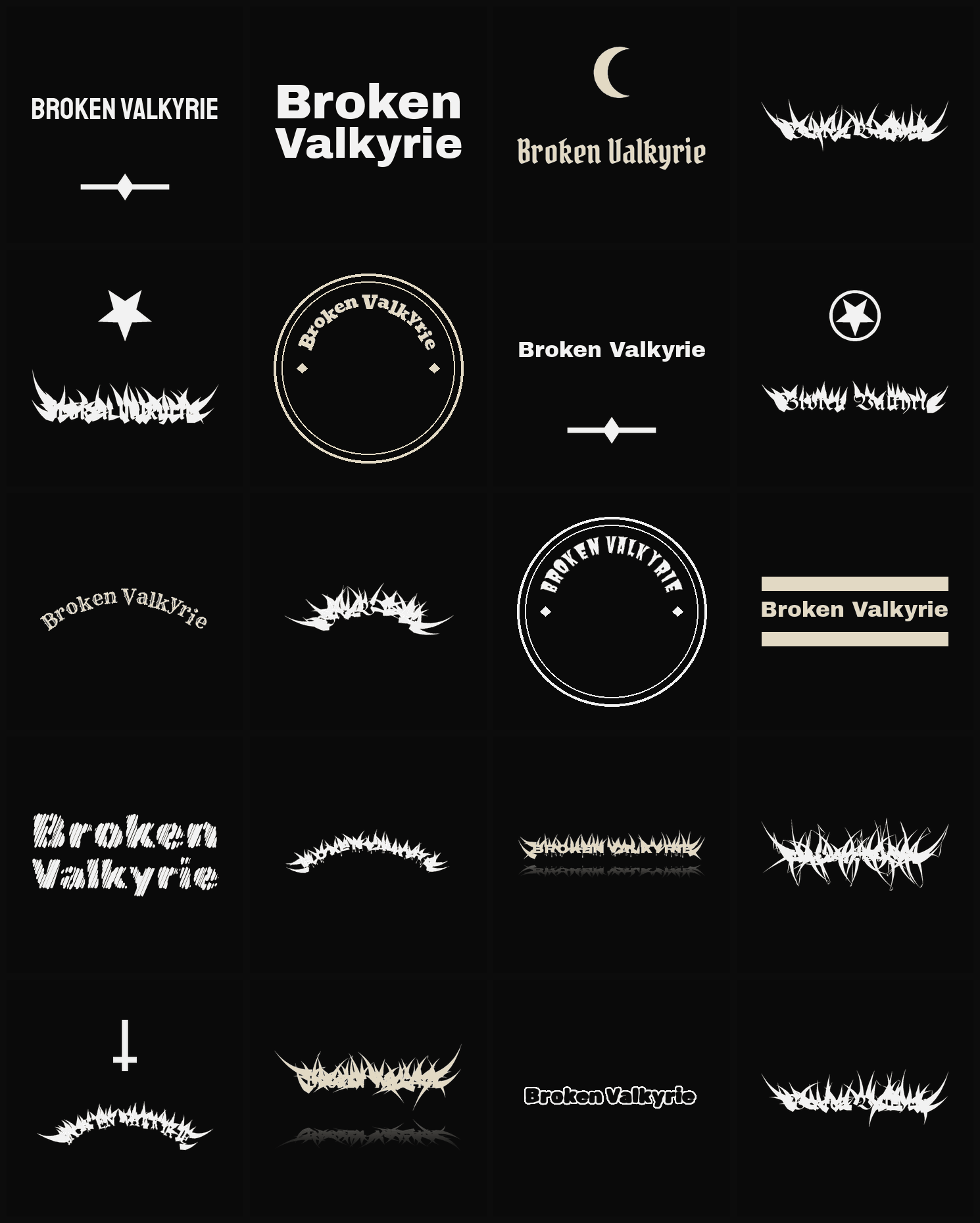 Twenty Broken Valkyrie band logo ideas — different faces, treatments and spike settings