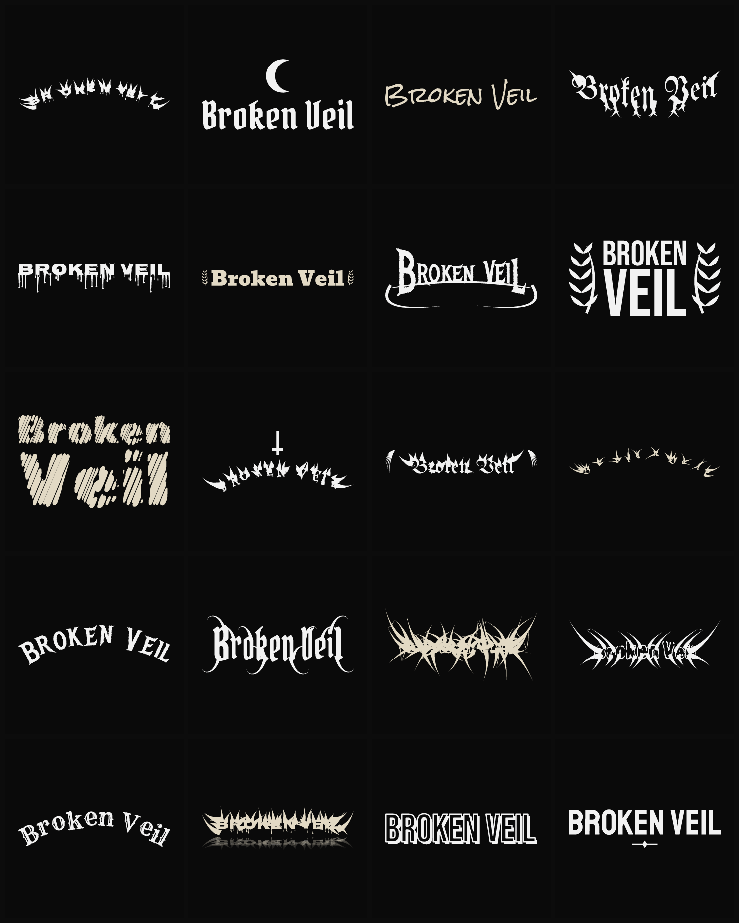 Twenty Broken Veil band logo ideas — different faces, treatments and spike settings
