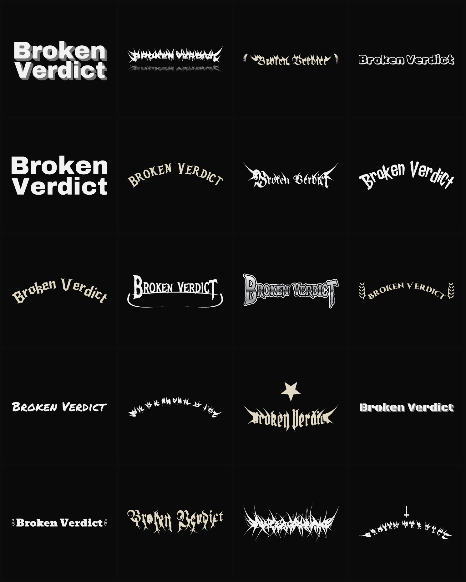 Twenty Broken Verdict band logo ideas — different faces, treatments and spike settings