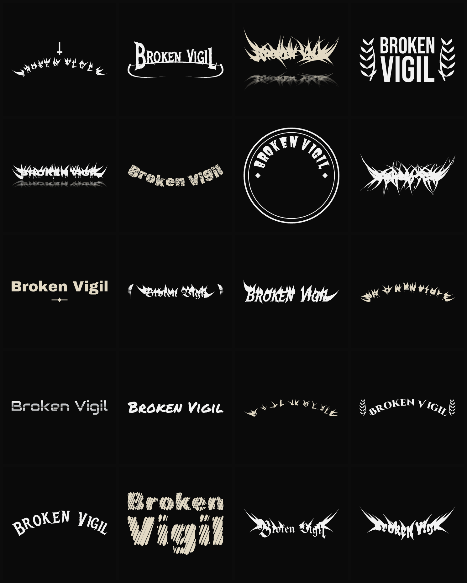 Twenty Broken Vigil band logo ideas — different faces, treatments and spike settings