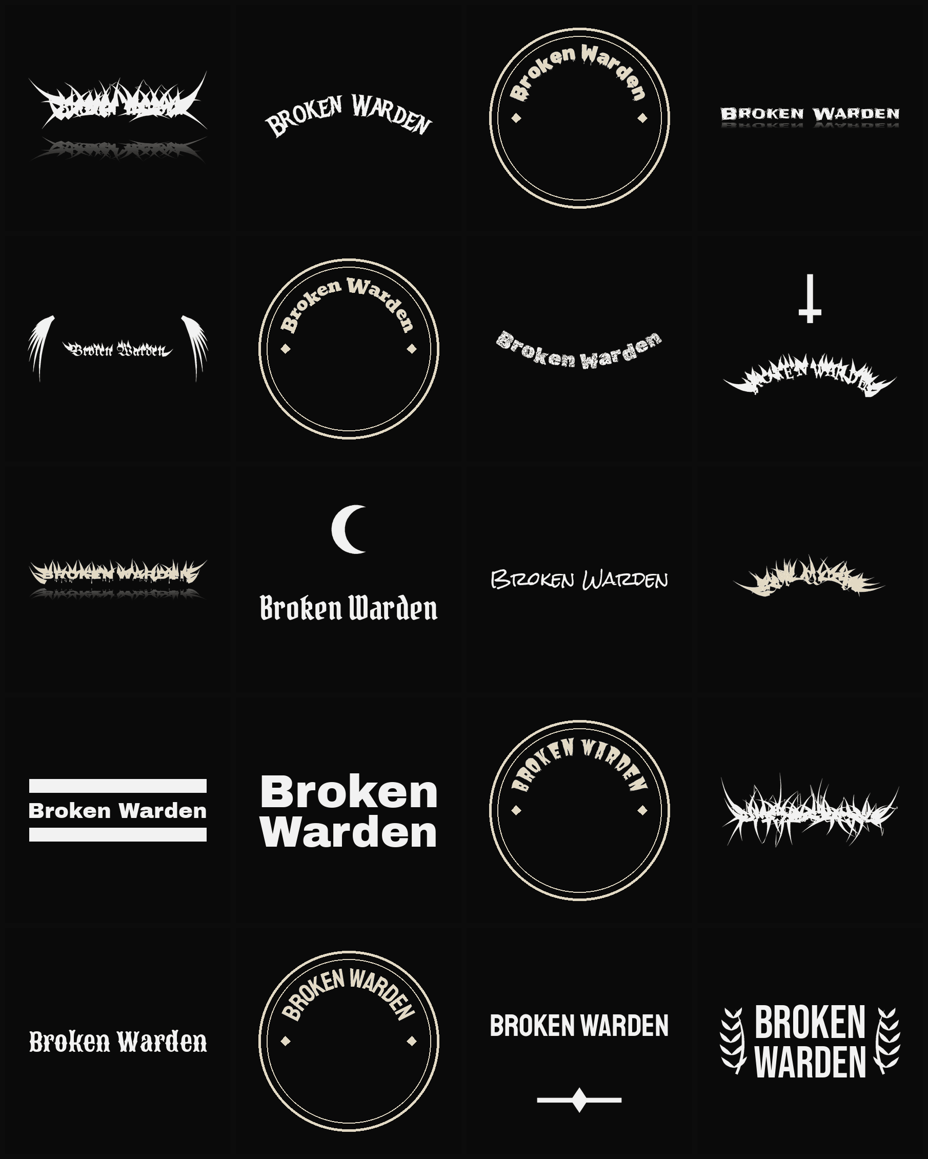 Twenty Broken Warden band logo ideas — different faces, treatments and spike settings
