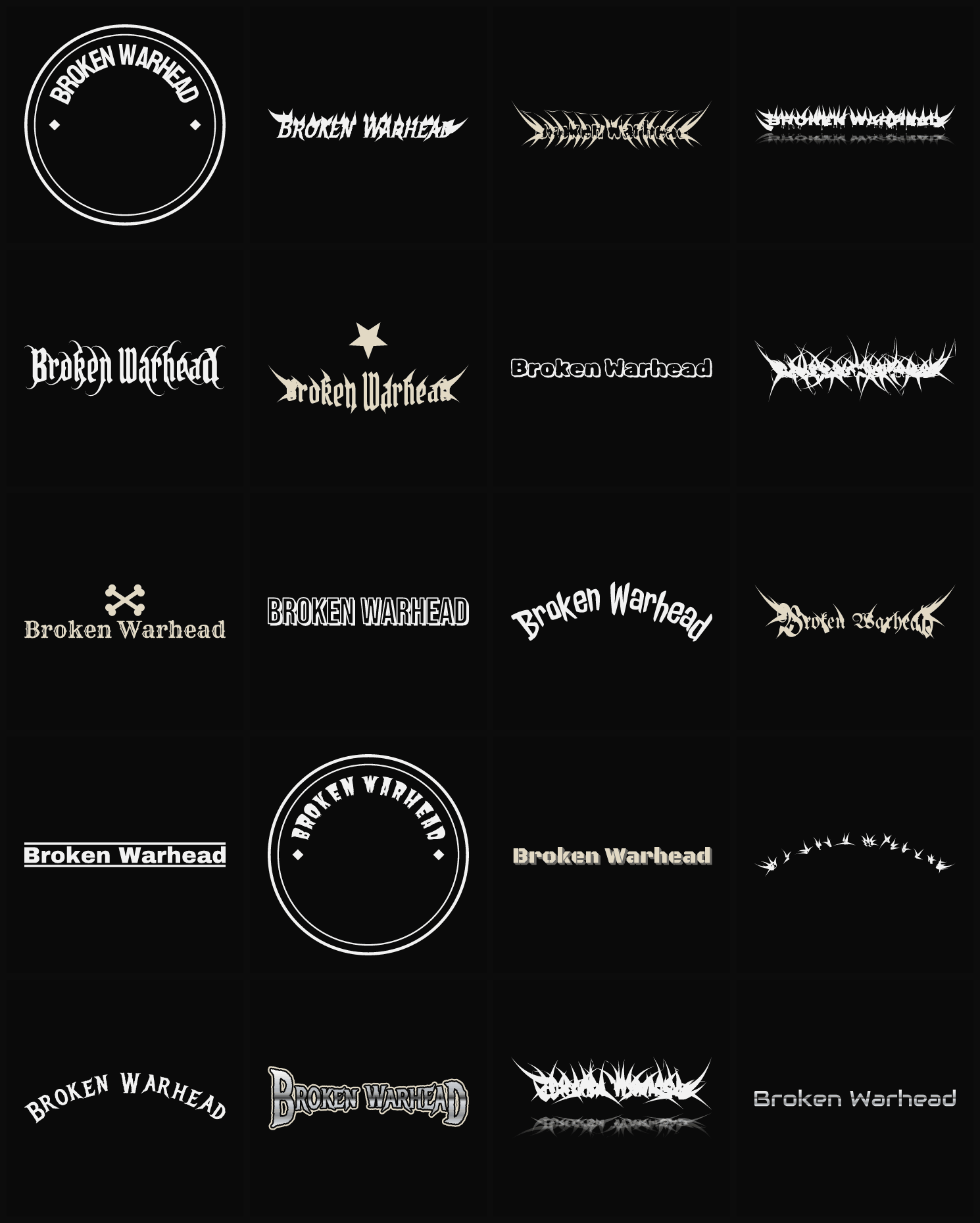 Twenty Broken Warhead band logo ideas — different faces, treatments and spike settings
