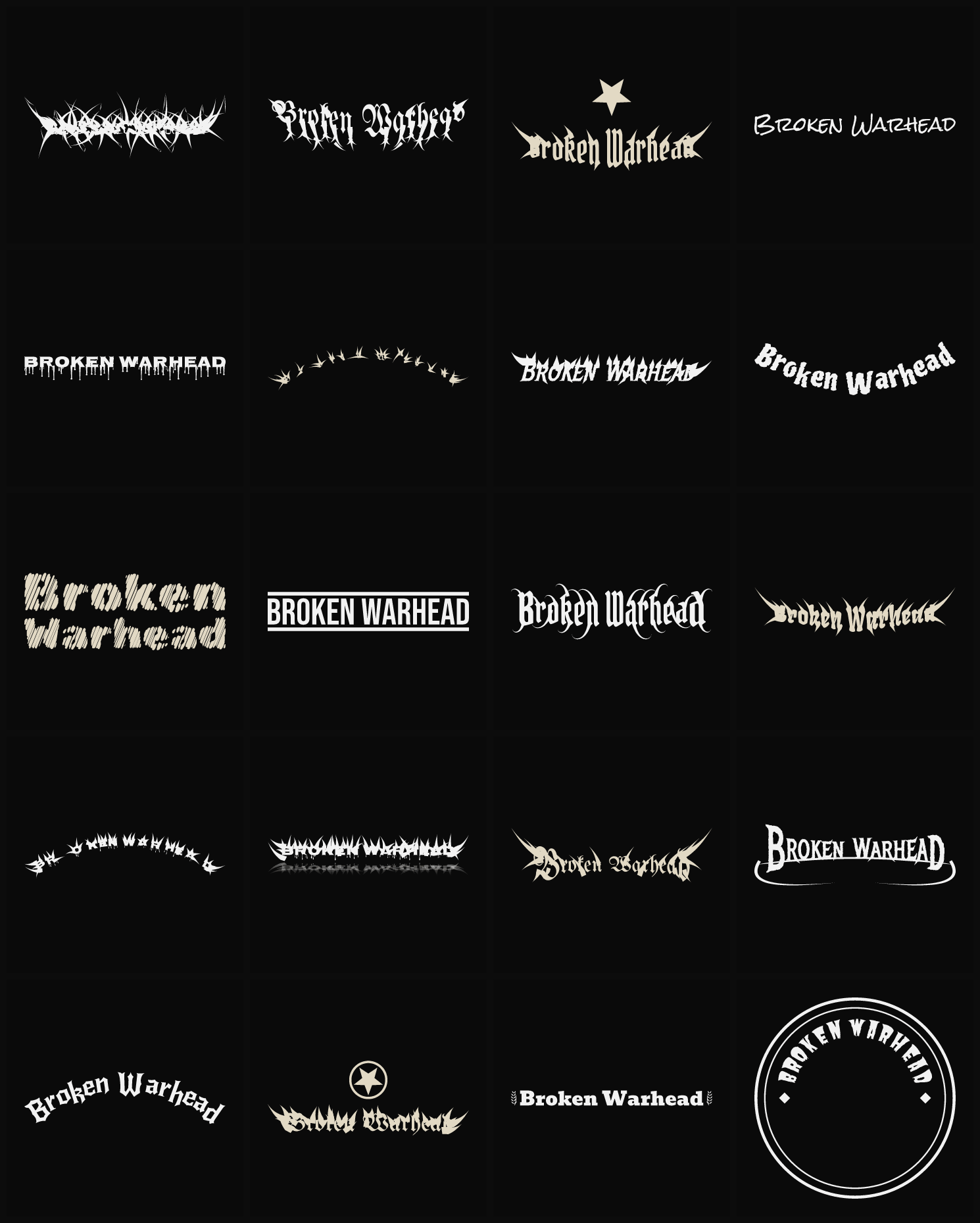 Twenty Broken Warhead band logo ideas — different faces, treatments and spike settings