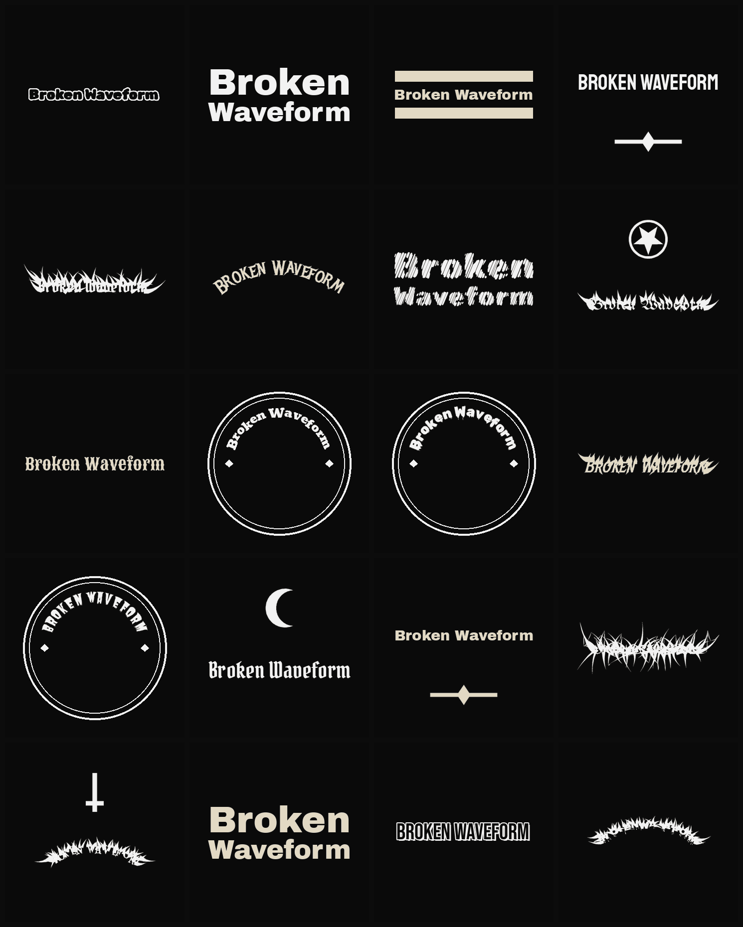 Twenty Broken Waveform band logo ideas — different faces, treatments and spike settings