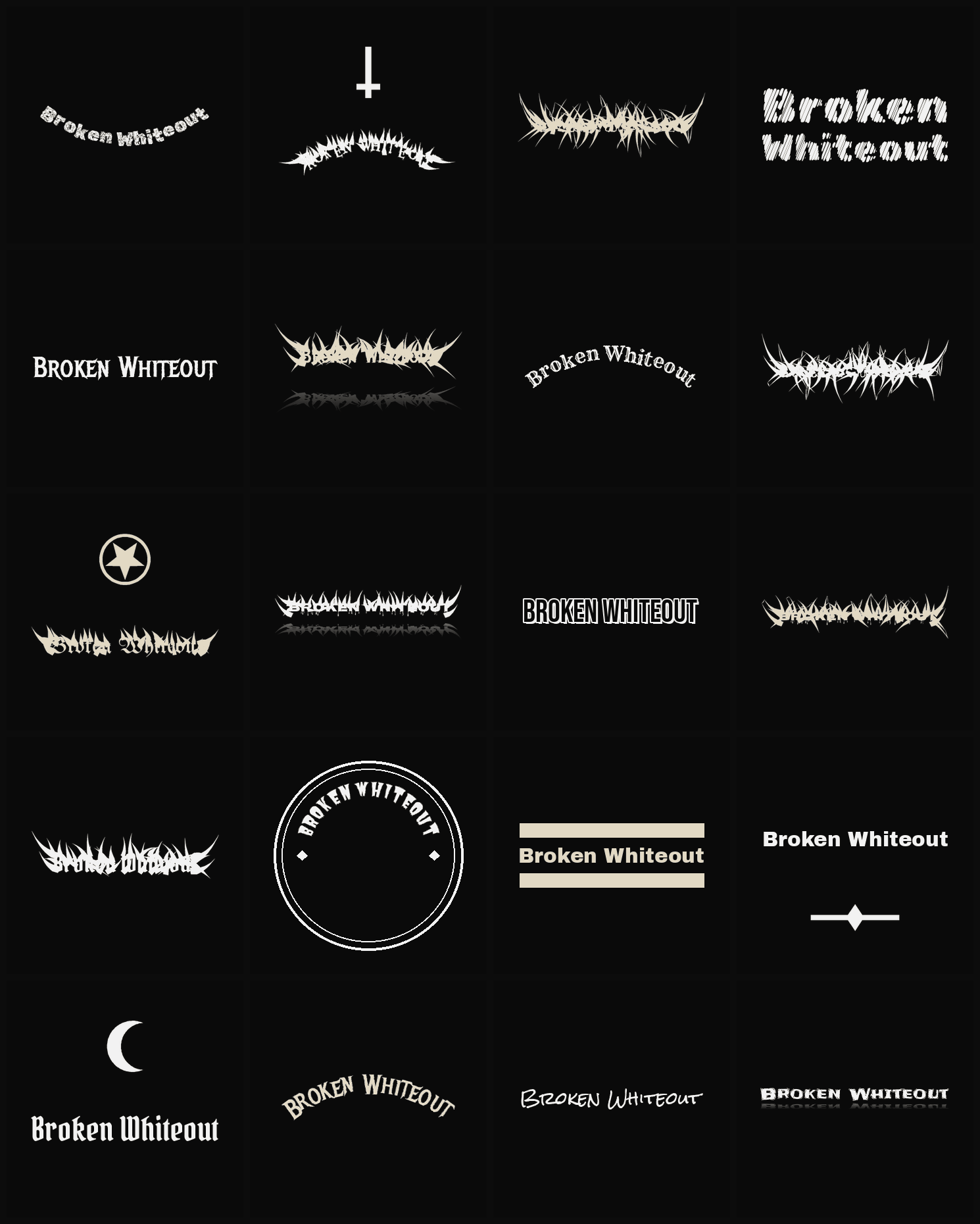 Twenty Broken Whiteout band logo ideas — different faces, treatments and spike settings
