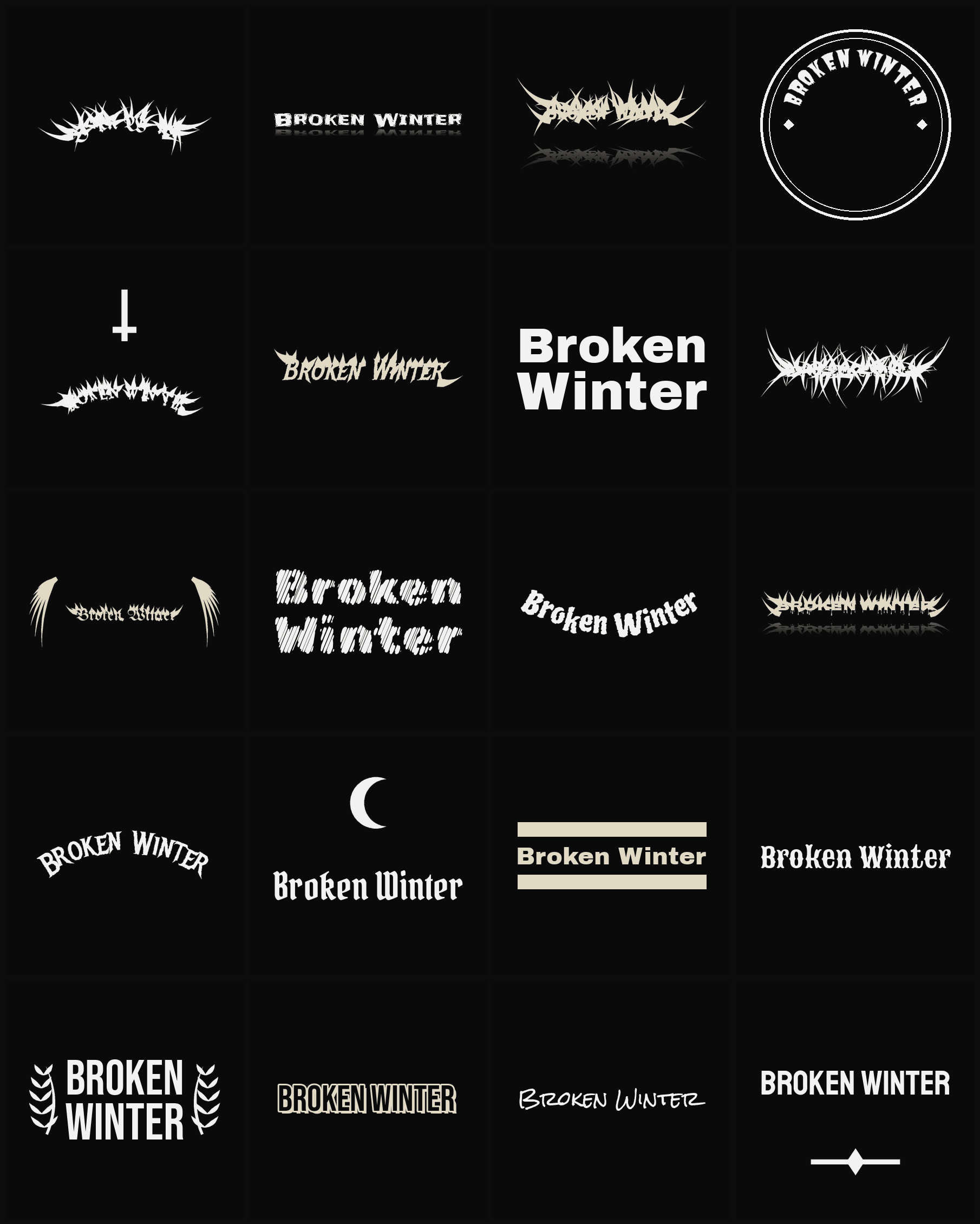 Twenty Broken Winter band logo ideas — different faces, treatments and spike settings