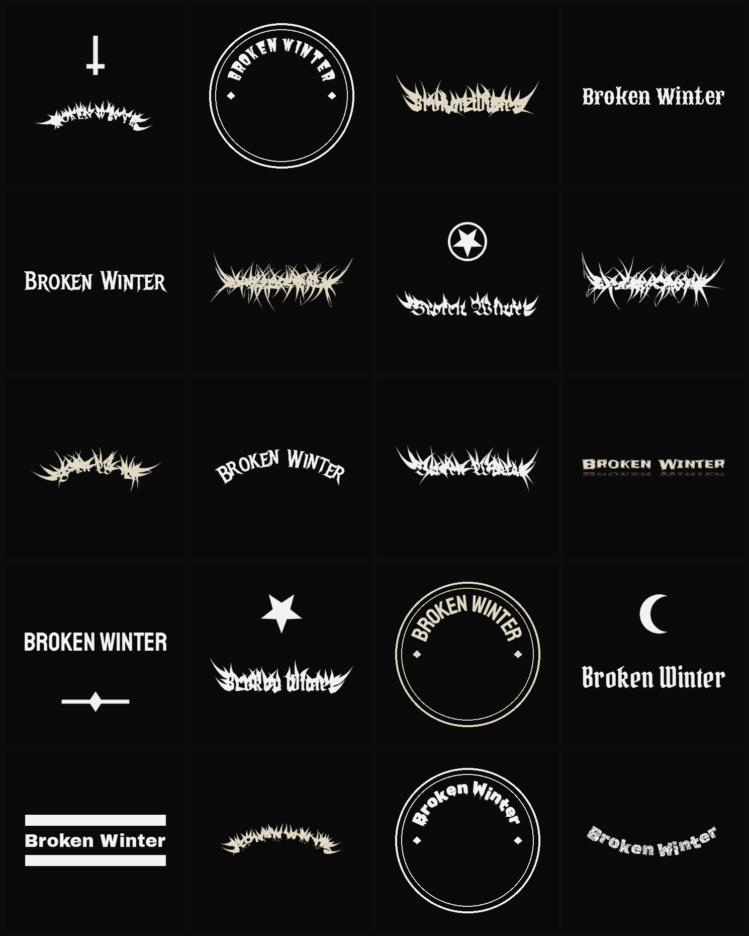 Twenty Broken Winter band logo ideas — different faces, treatments and spike settings