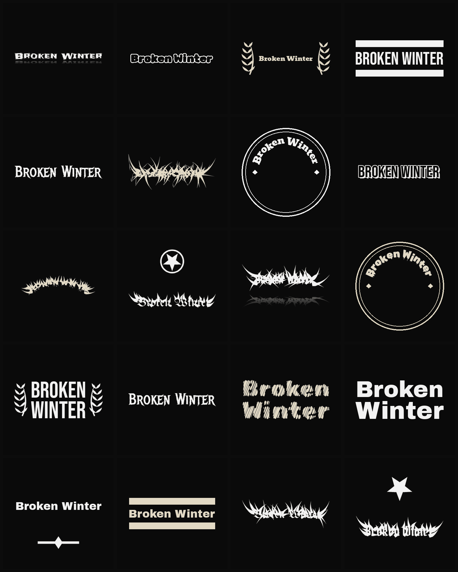 Twenty Broken Winter band logo ideas — different faces, treatments and spike settings