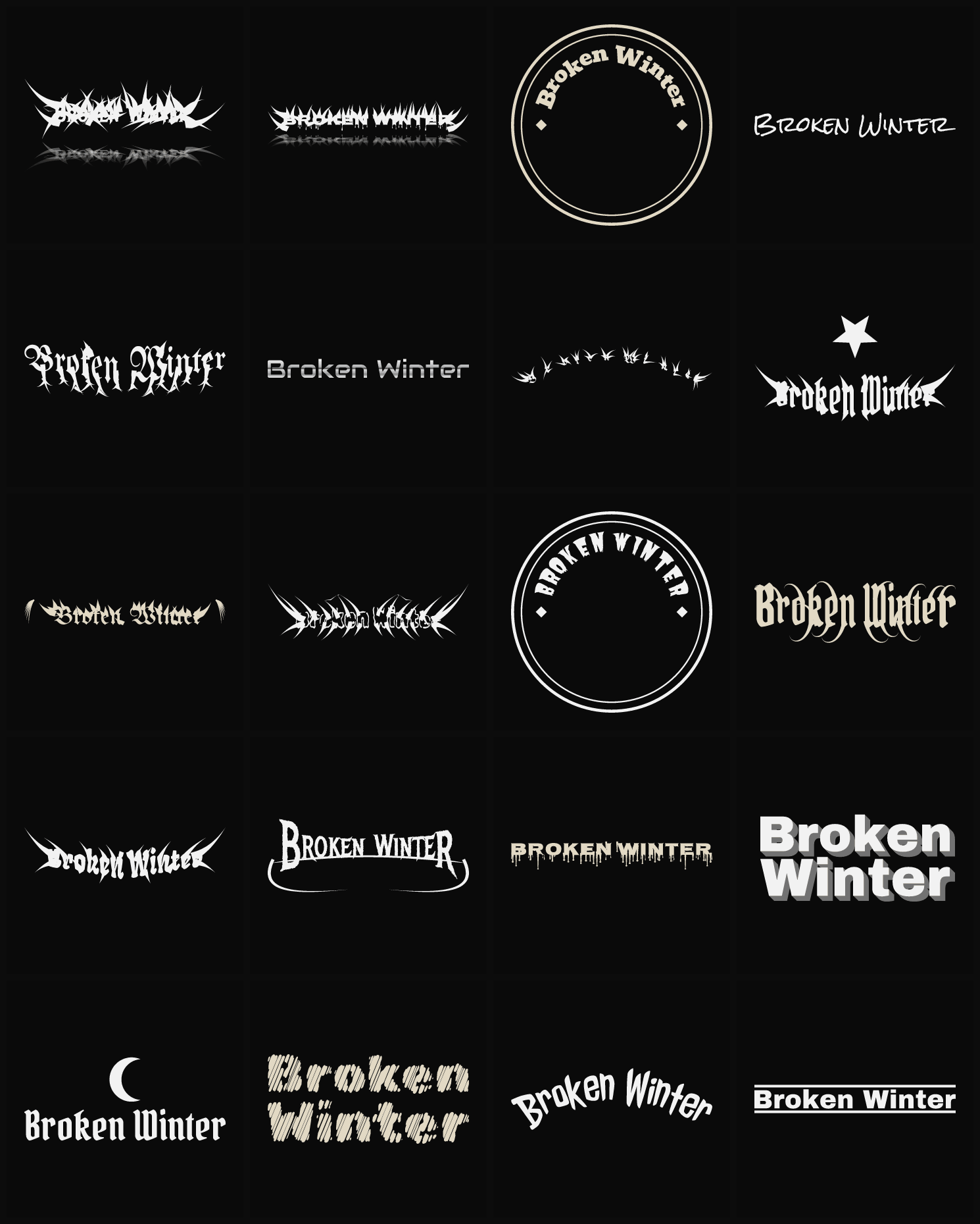 Twenty Broken Winter band logo ideas — different faces, treatments and spike settings