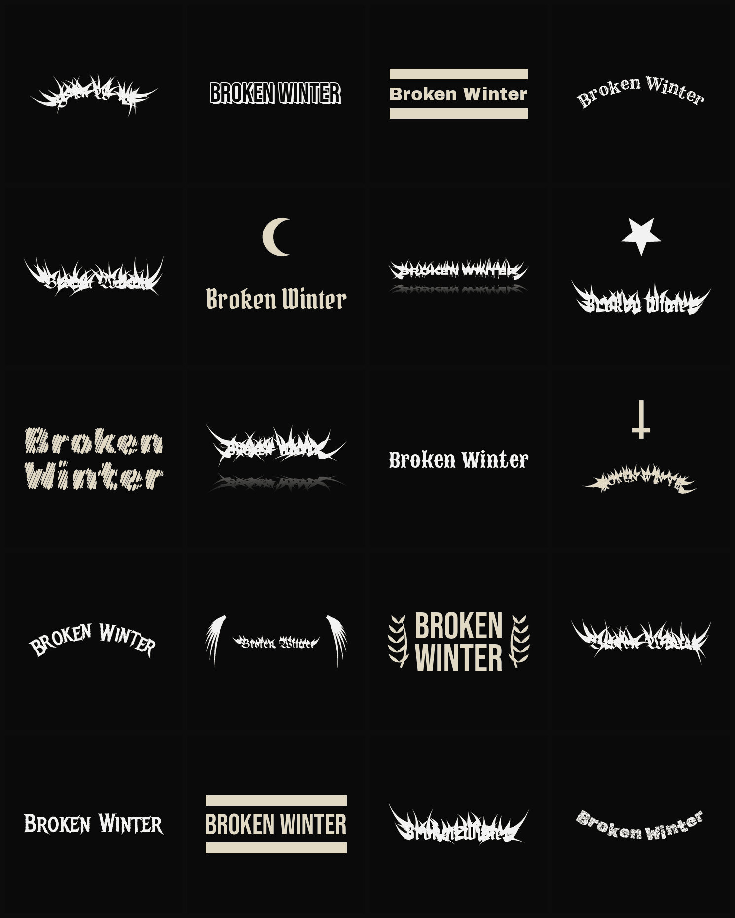 Twenty Broken Winter band logo ideas — different faces, treatments and spike settings