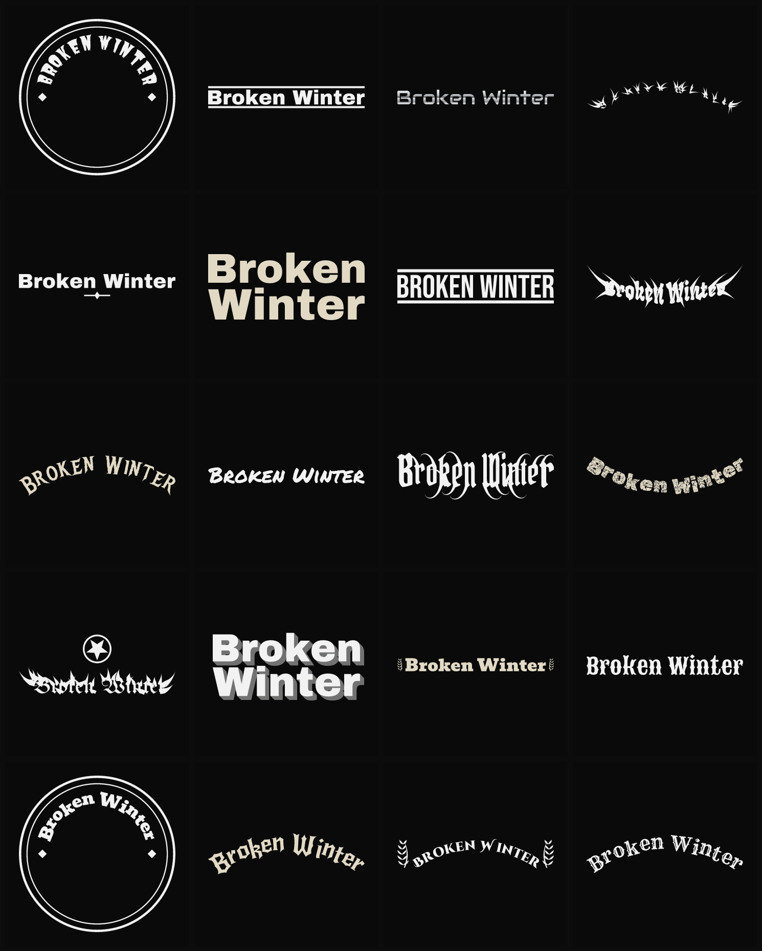 Twenty Broken Winter band logo ideas — different faces, treatments and spike settings