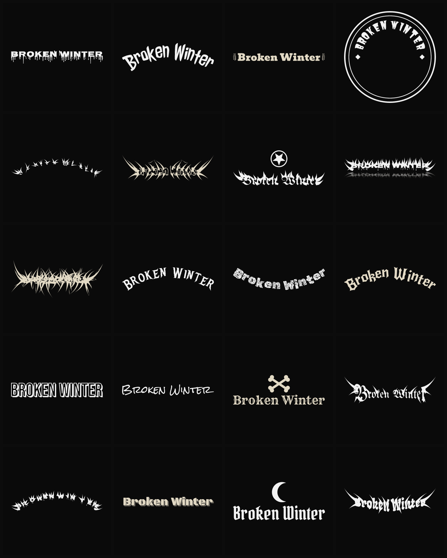 Twenty Broken Winter band logo ideas — different faces, treatments and spike settings