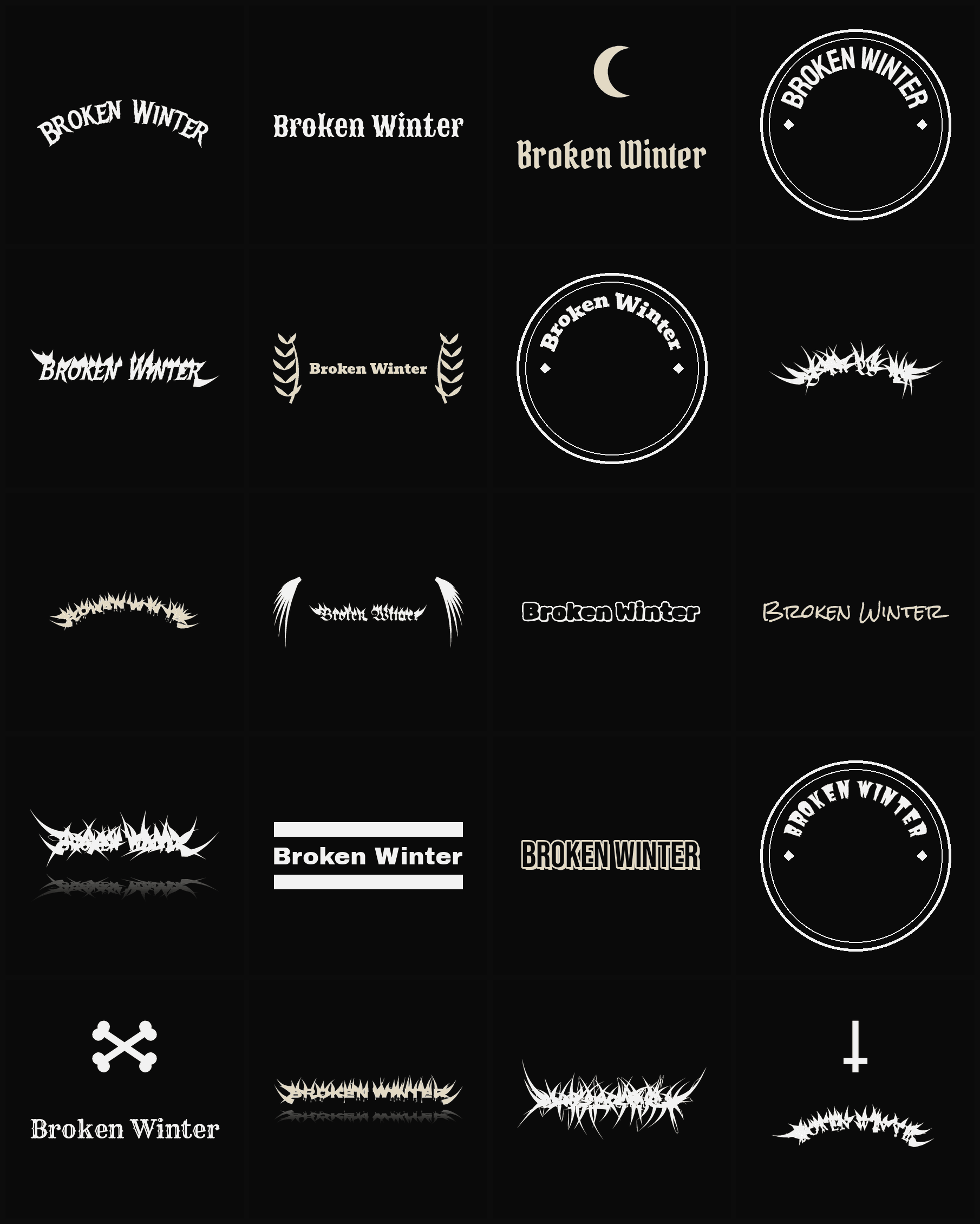 Twenty Broken Winter band logo ideas — different faces, treatments and spike settings