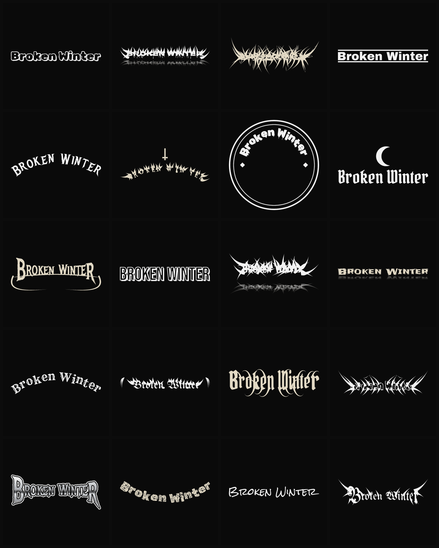 Twenty Broken Winter band logo ideas — different faces, treatments and spike settings