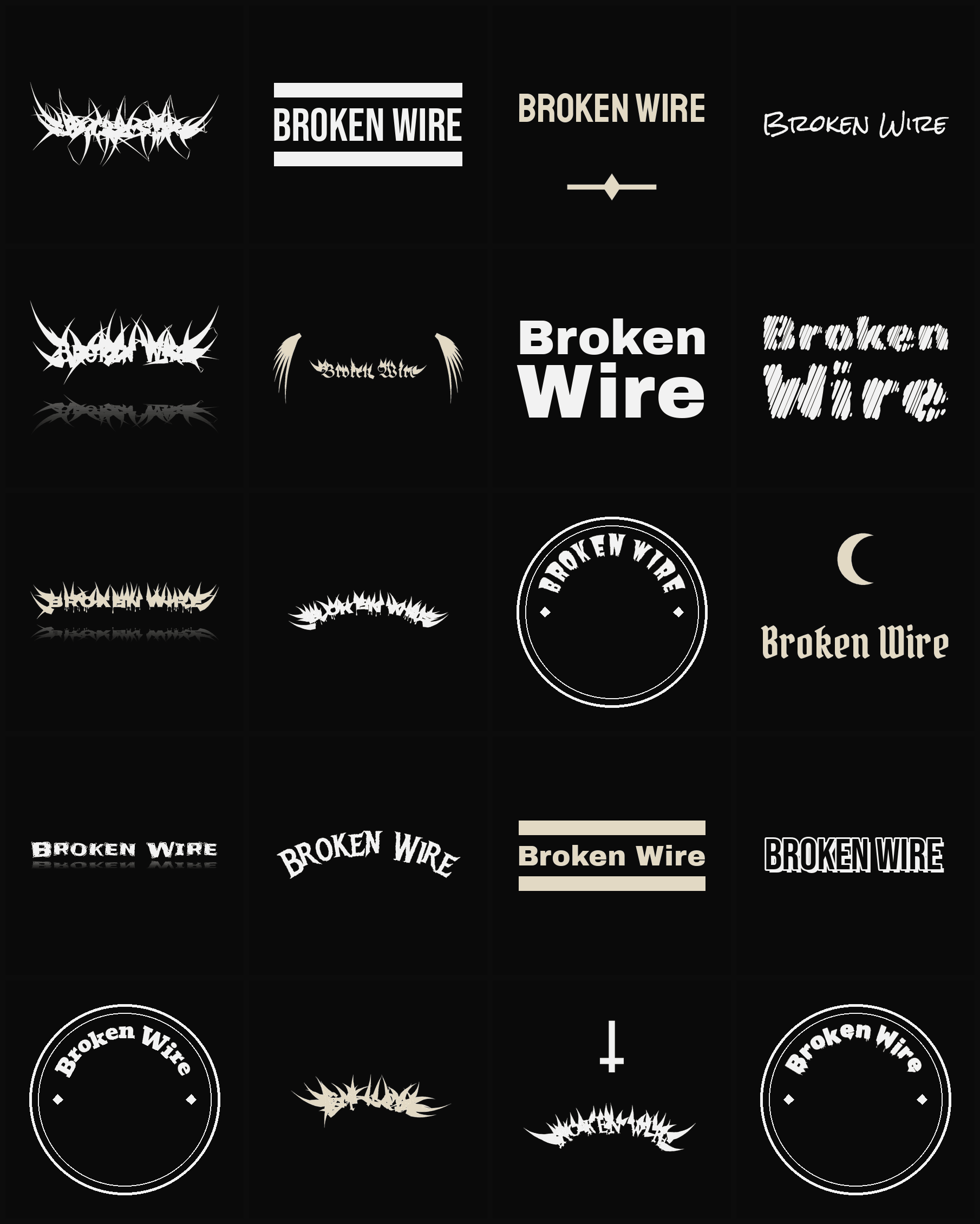 Twenty Broken Wire band logo ideas — different faces, treatments and spike settings
