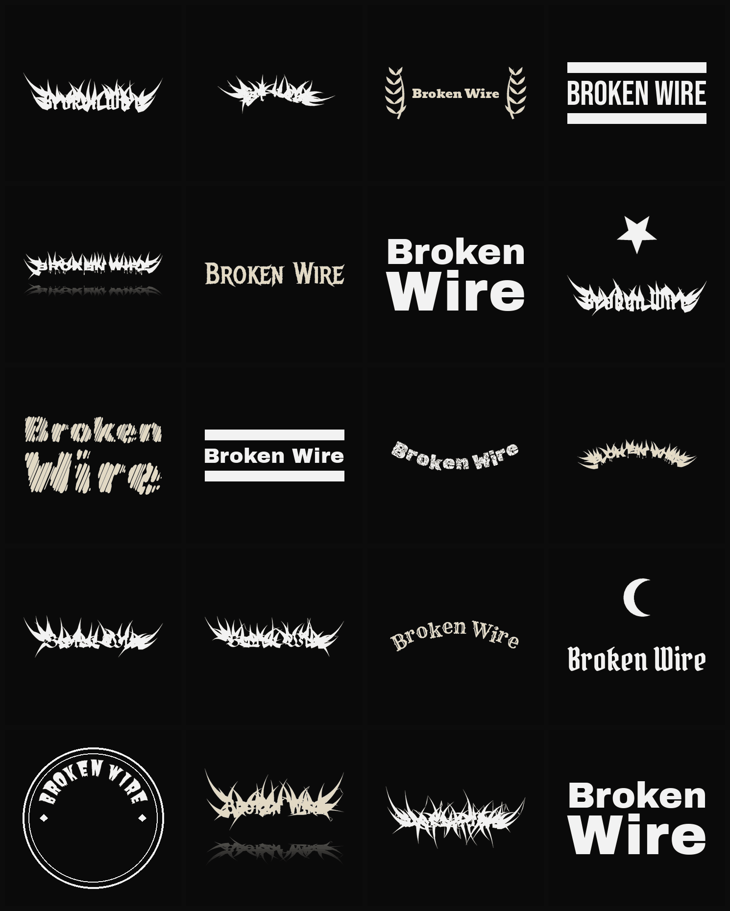 Twenty Broken Wire band logo ideas — different faces, treatments and spike settings