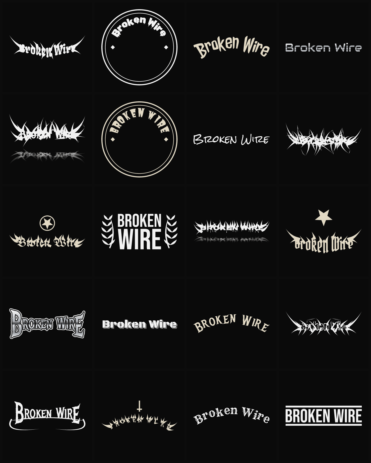 Twenty Broken Wire band logo ideas — different faces, treatments and spike settings