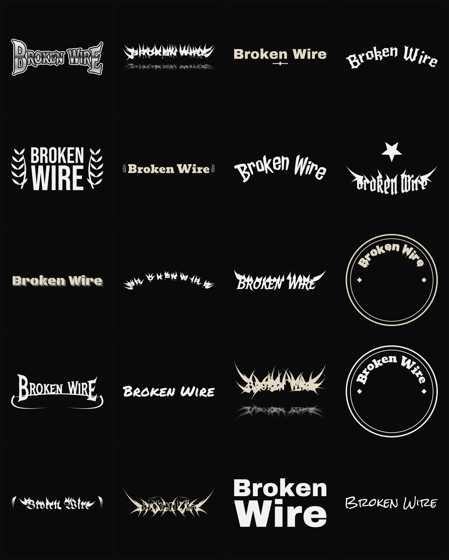 Twenty Broken Wire band logo ideas — different faces, treatments and spike settings