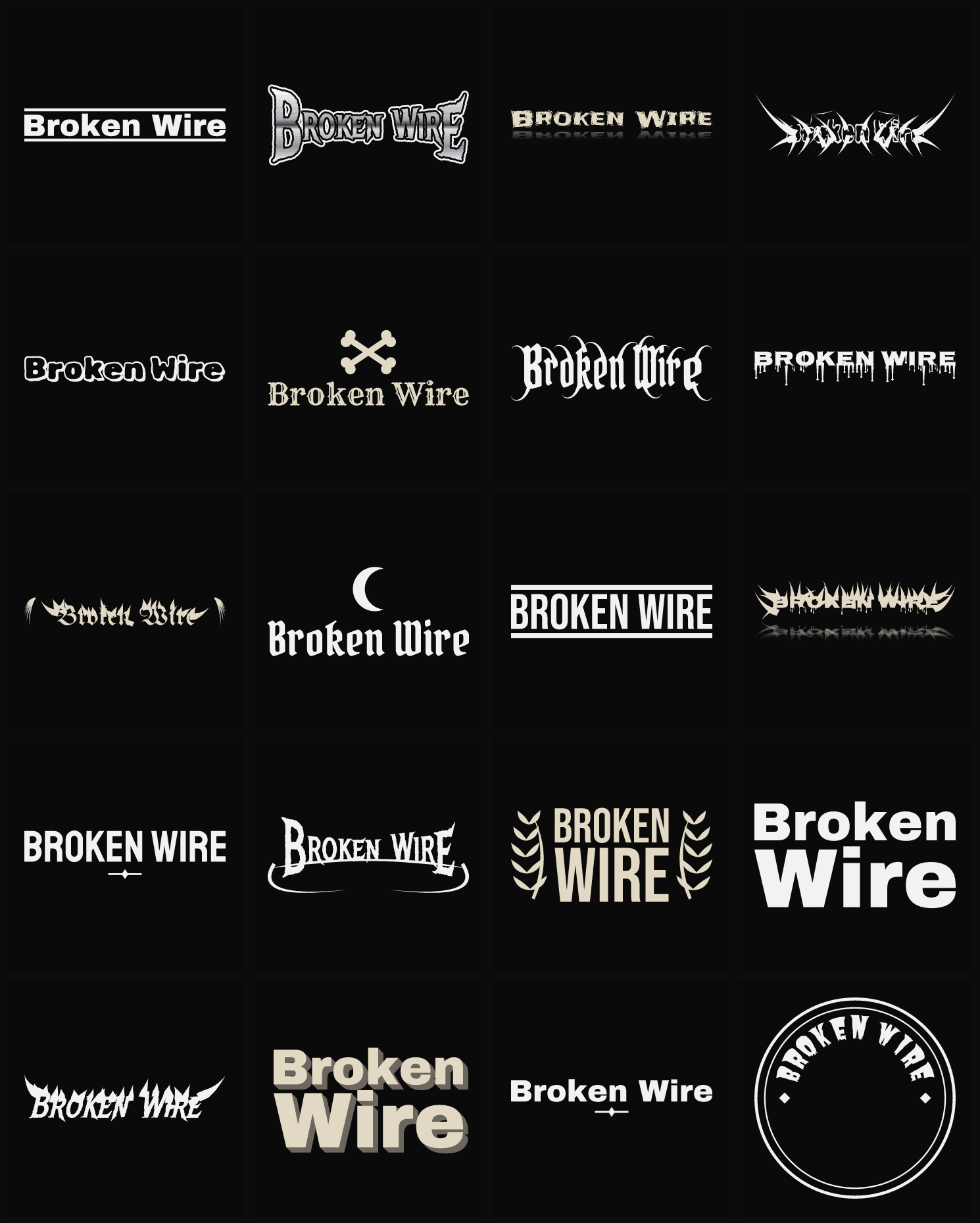 Twenty Broken Wire band logo ideas — different faces, treatments and spike settings