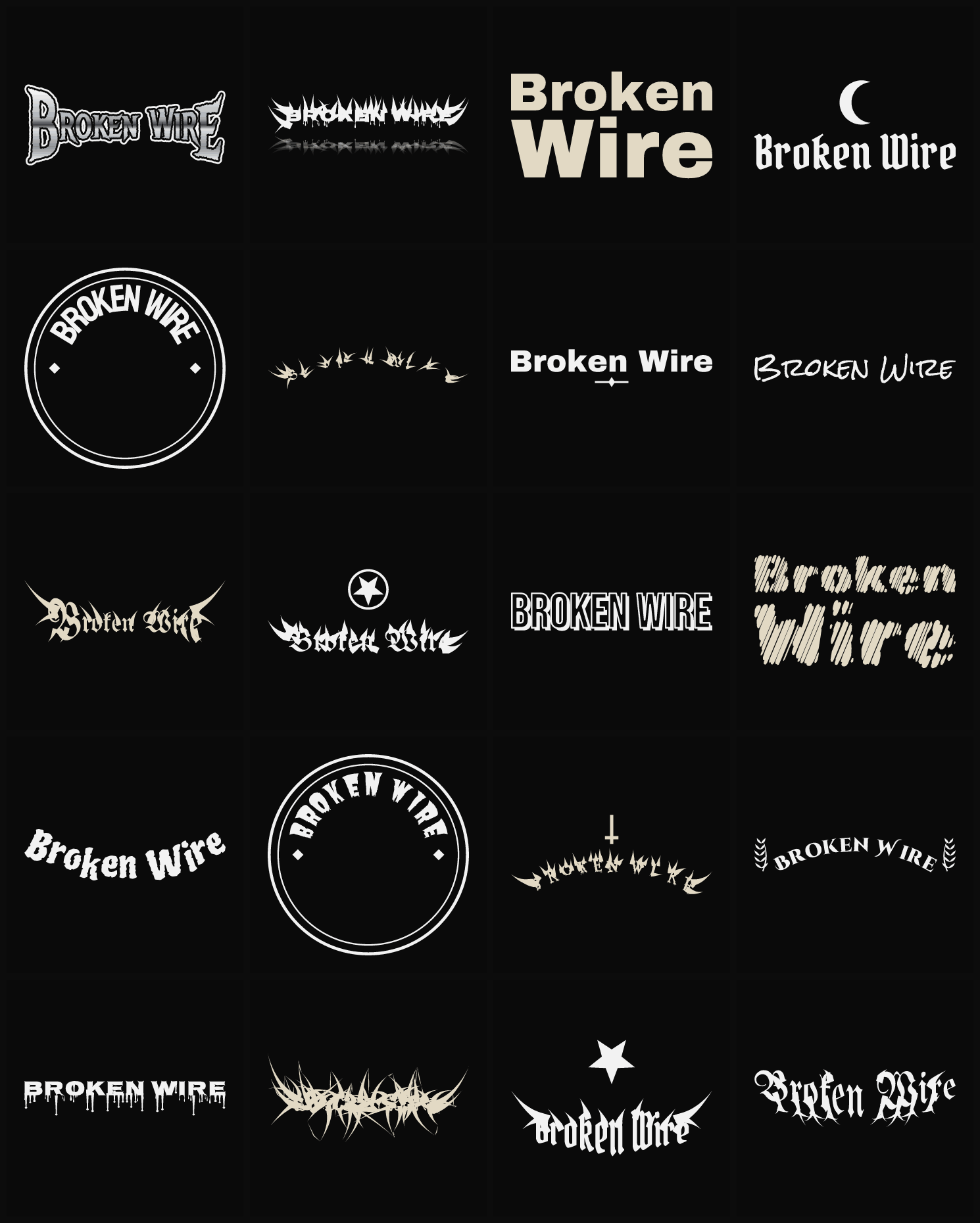 Twenty Broken Wire band logo ideas — different faces, treatments and spike settings