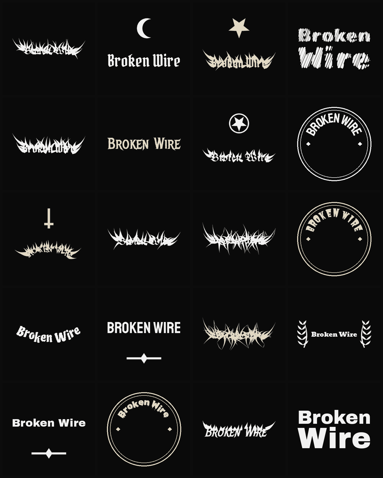 Twenty Broken Wire band logo ideas — different faces, treatments and spike settings