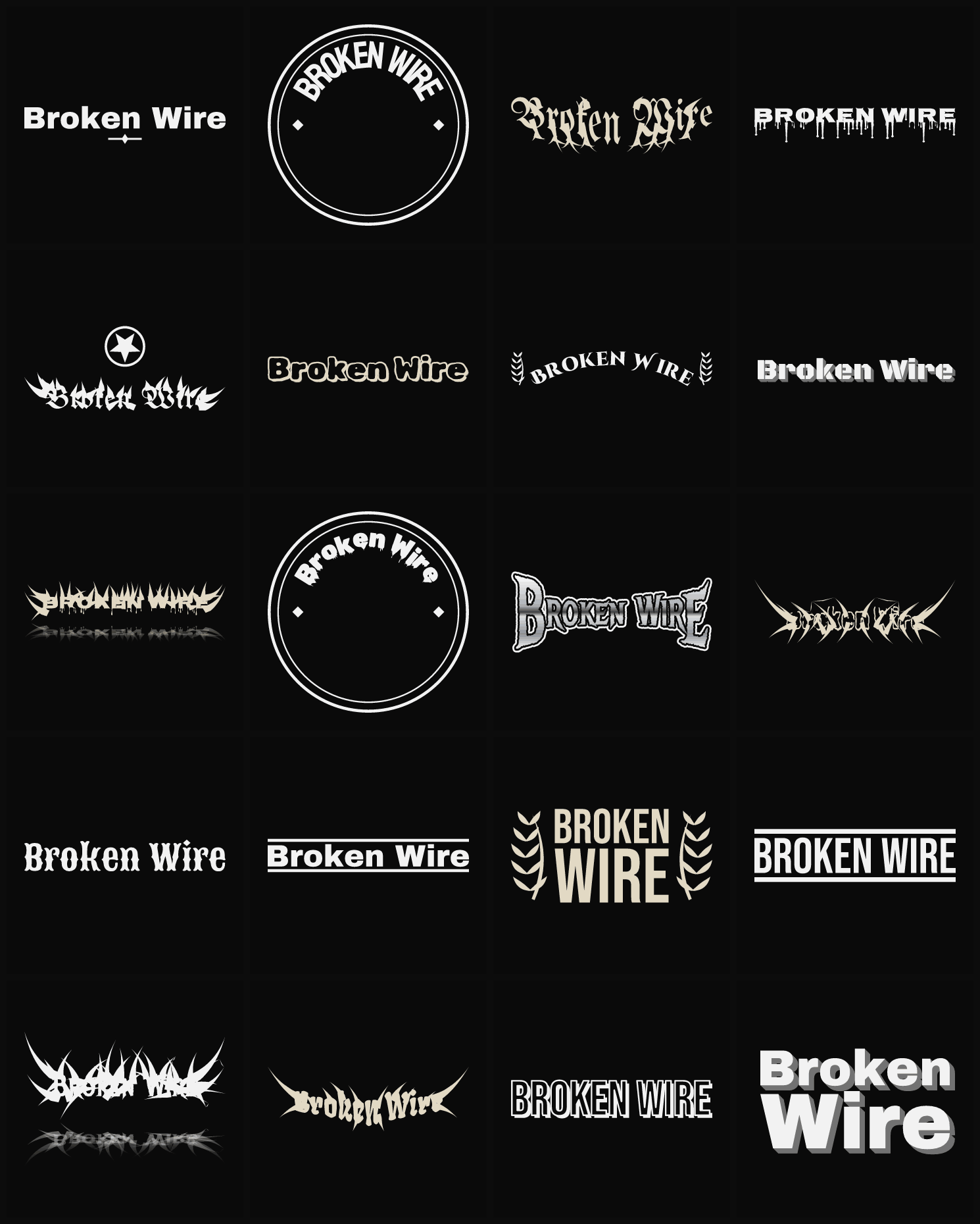 Twenty Broken Wire band logo ideas — different faces, treatments and spike settings