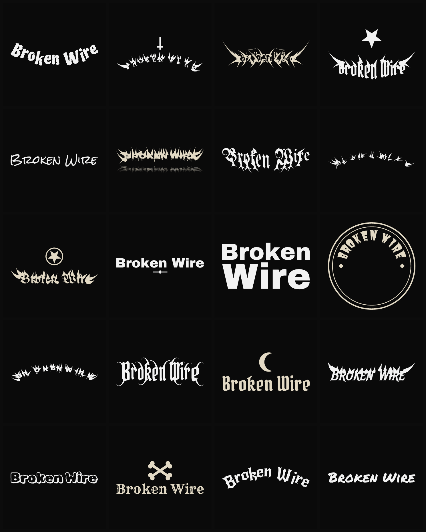 Twenty Broken Wire band logo ideas — different faces, treatments and spike settings