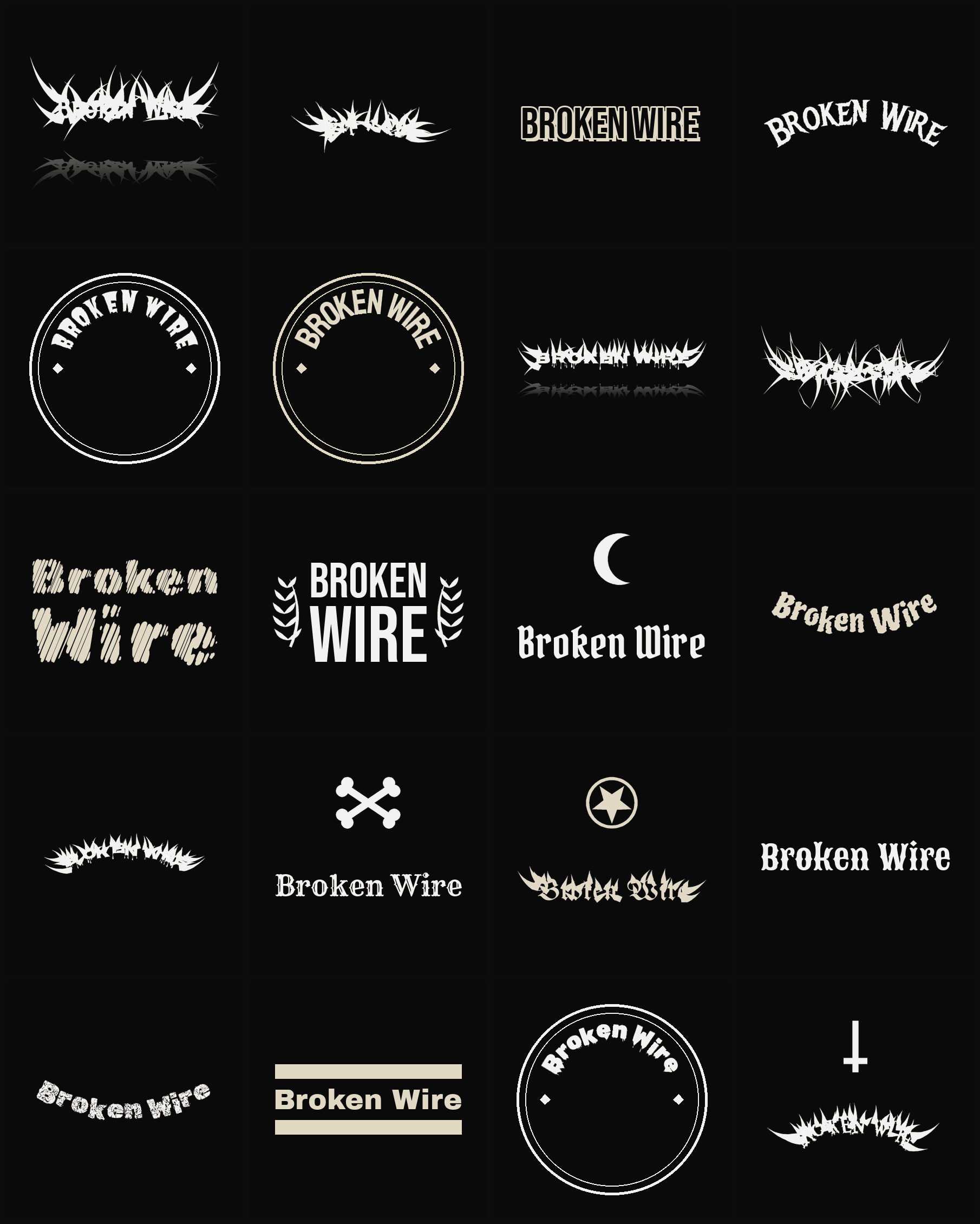 Twenty Broken Wire band logo ideas — different faces, treatments and spike settings