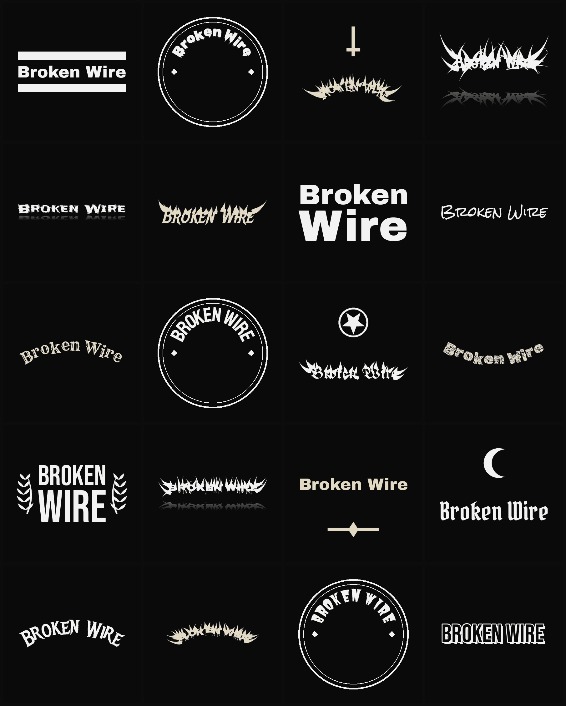 Twenty Broken Wire band logo ideas — different faces, treatments and spike settings