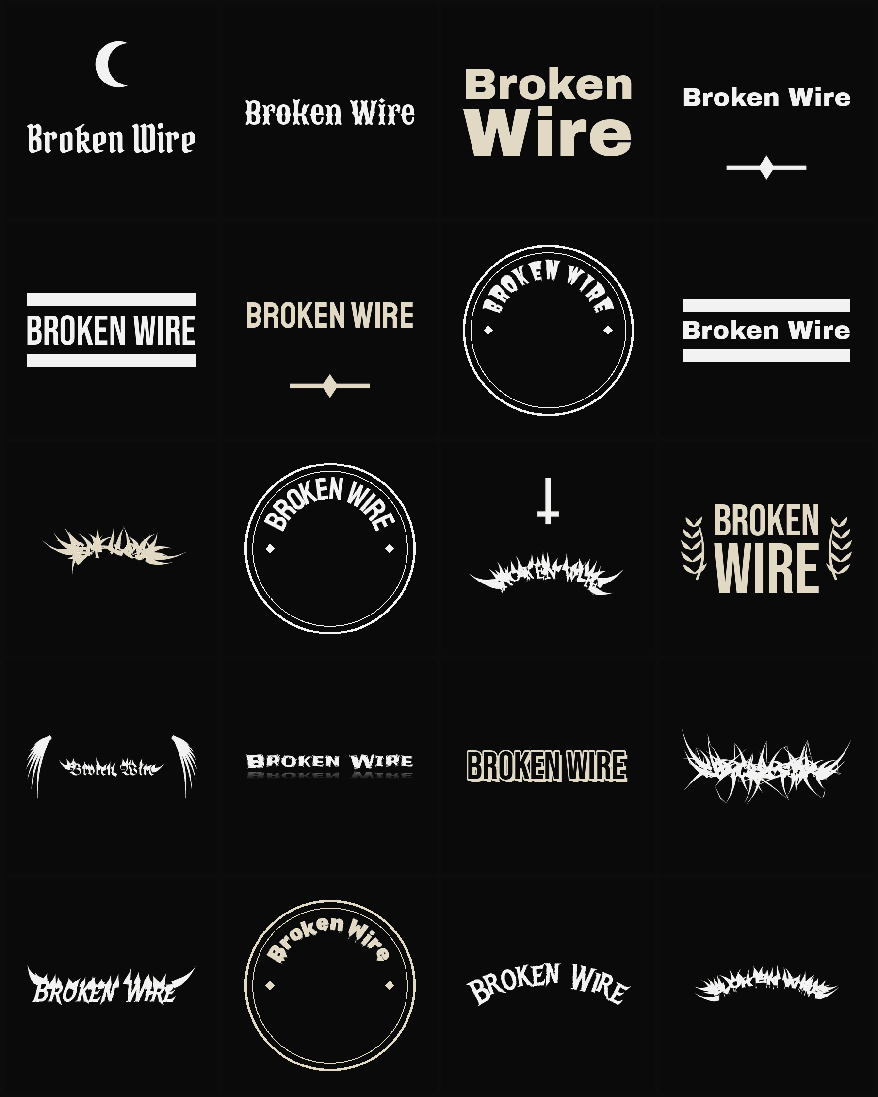 Twenty Broken Wire band logo ideas — different faces, treatments and spike settings