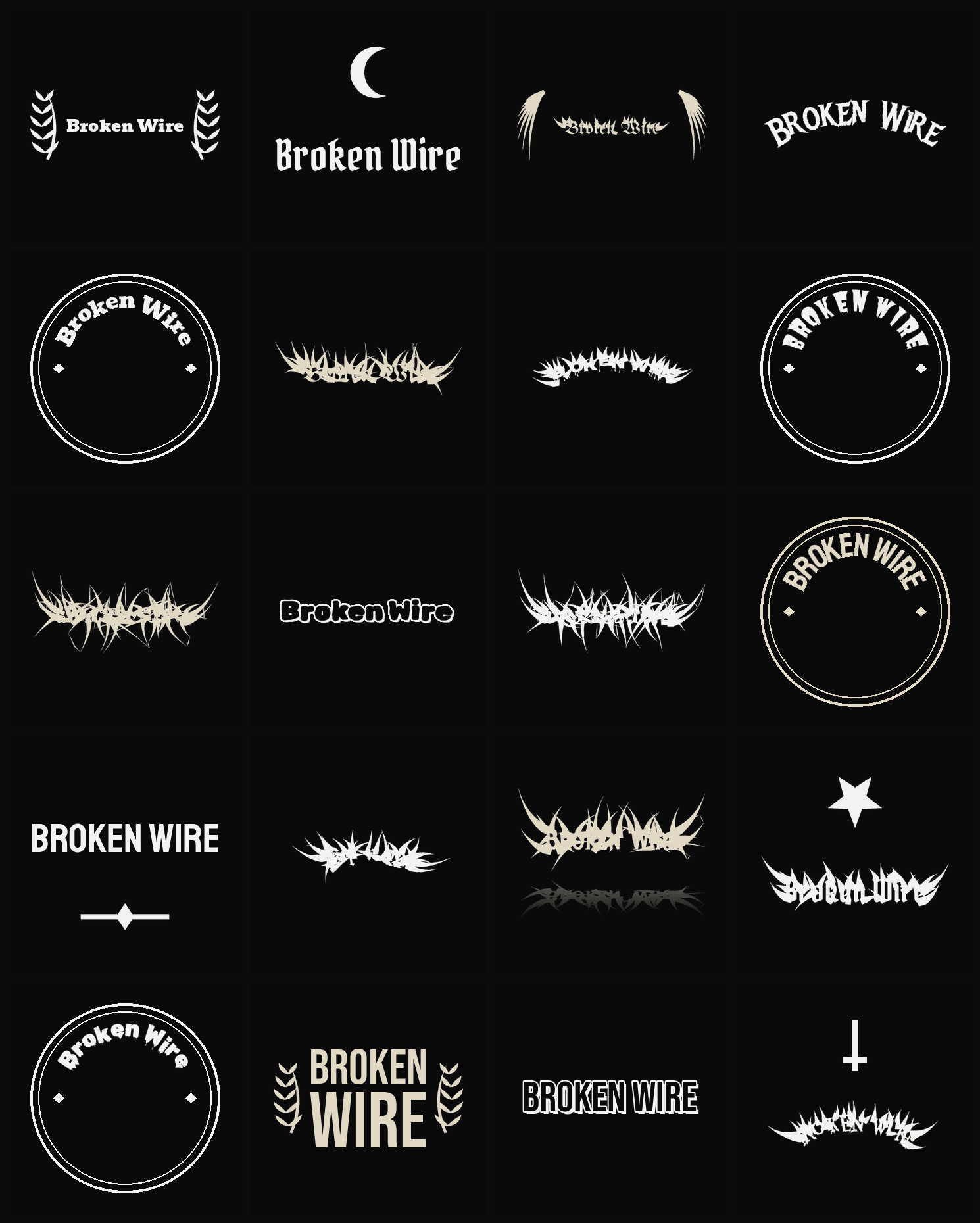 Twenty Broken Wire band logo ideas — different faces, treatments and spike settings