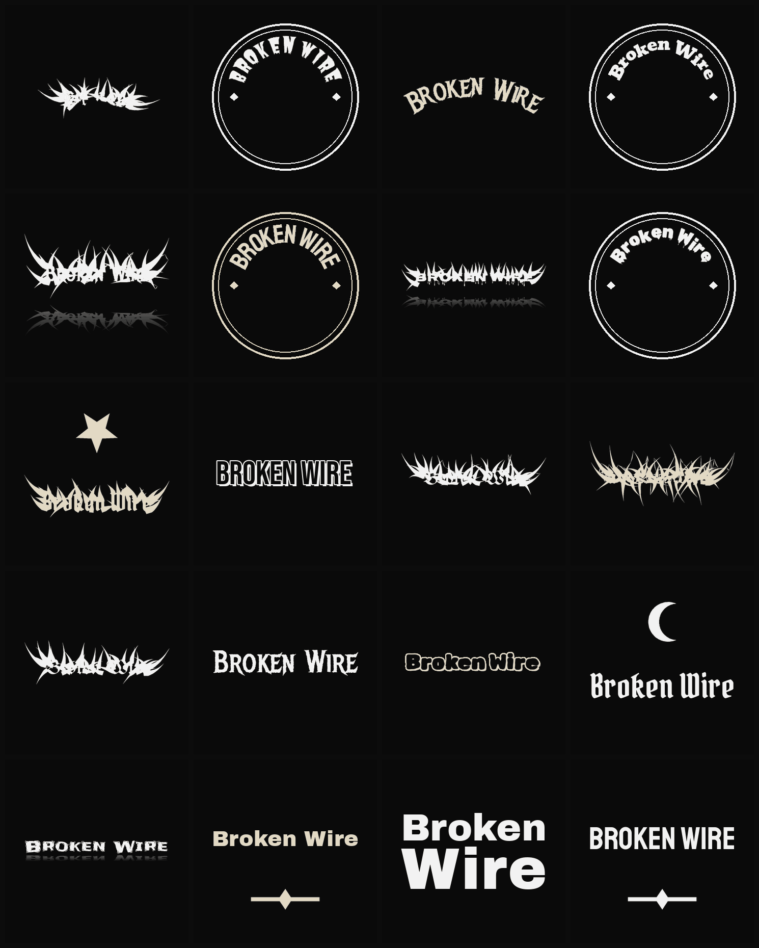 Twenty Broken Wire band logo ideas — different faces, treatments and spike settings