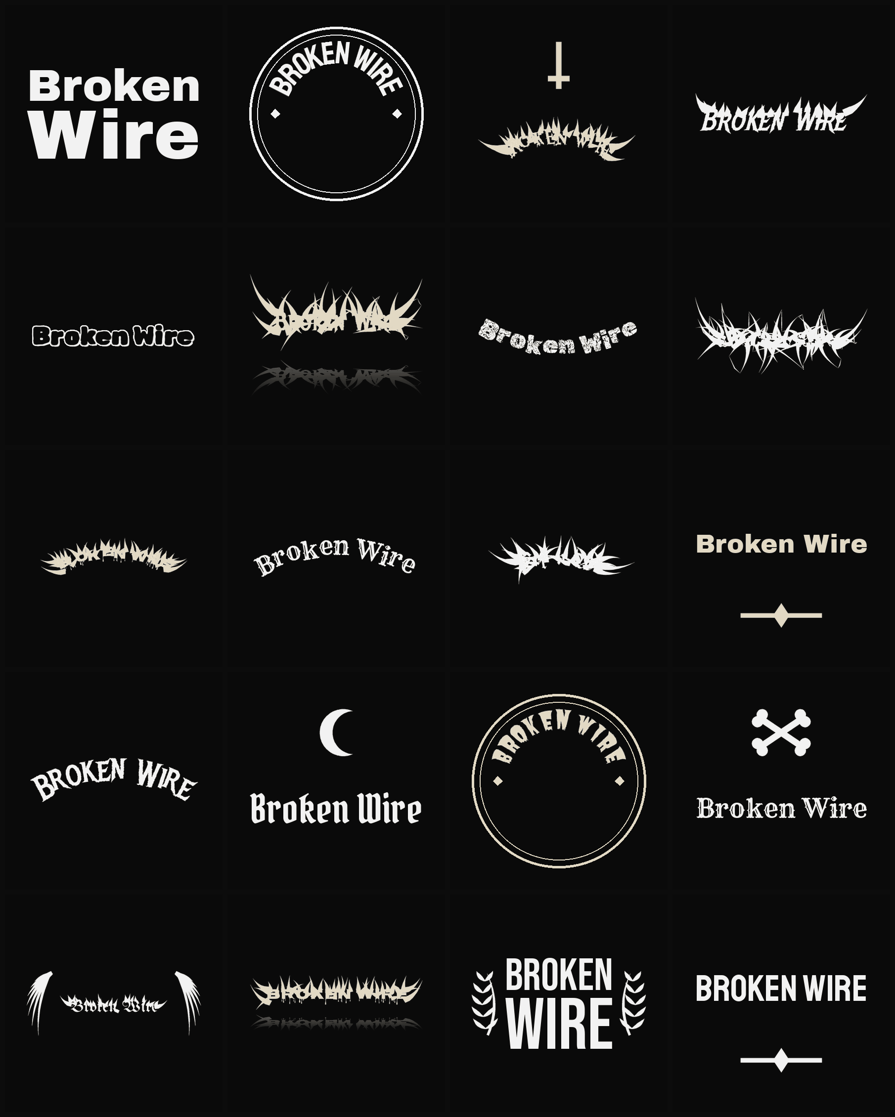Twenty Broken Wire band logo ideas — different faces, treatments and spike settings