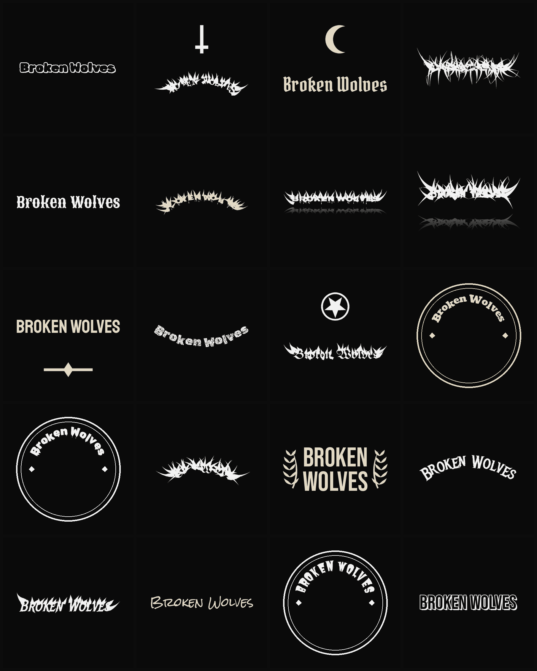 Twenty Broken Wolves band logo ideas — different faces, treatments and spike settings