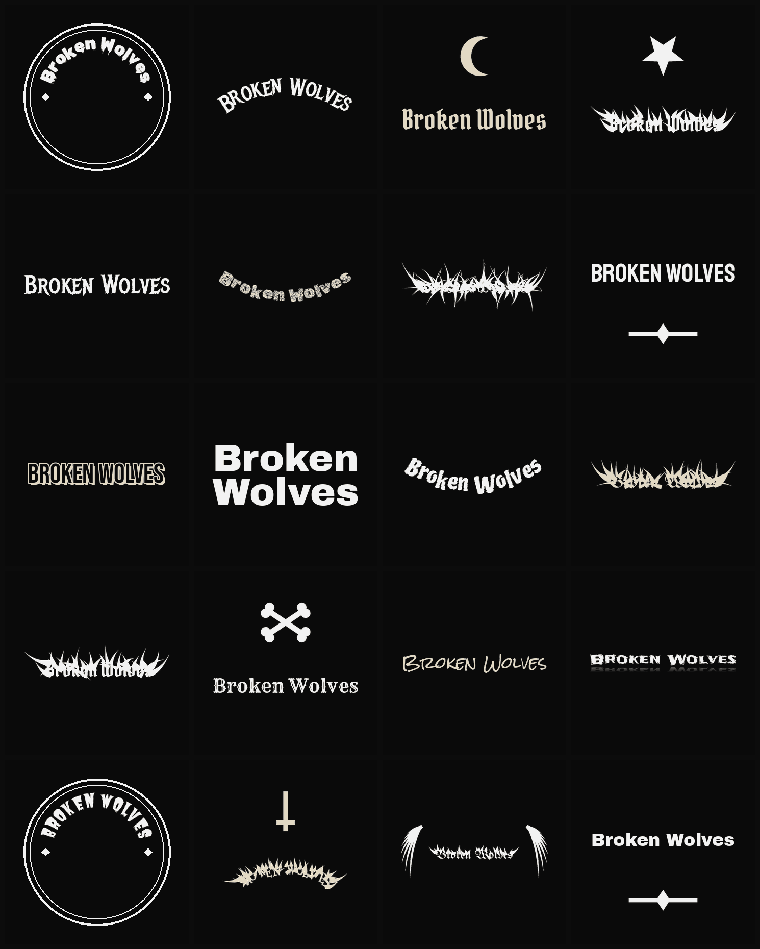 Twenty Broken Wolves band logo ideas — different faces, treatments and spike settings