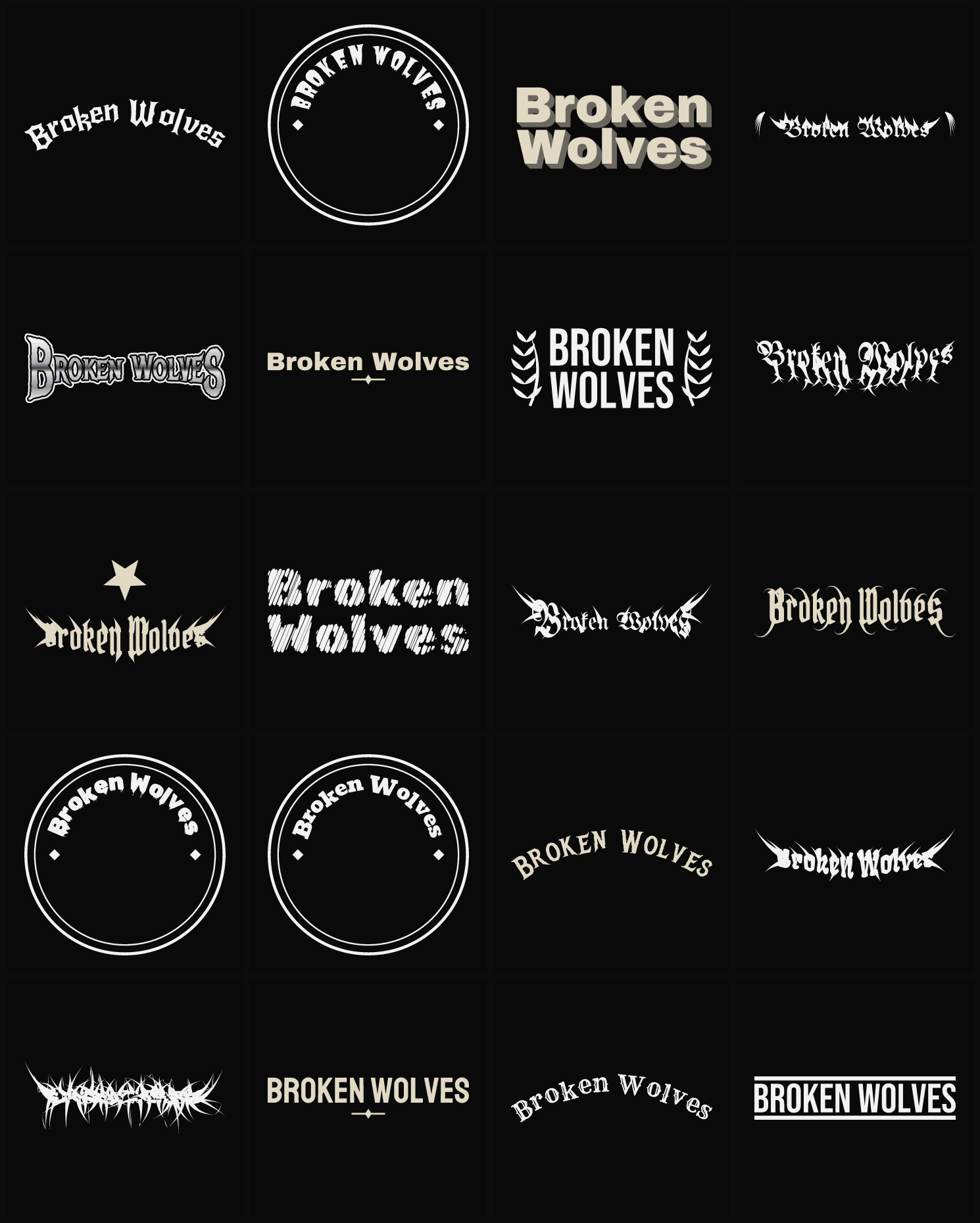 Twenty Broken Wolves band logo ideas — different faces, treatments and spike settings